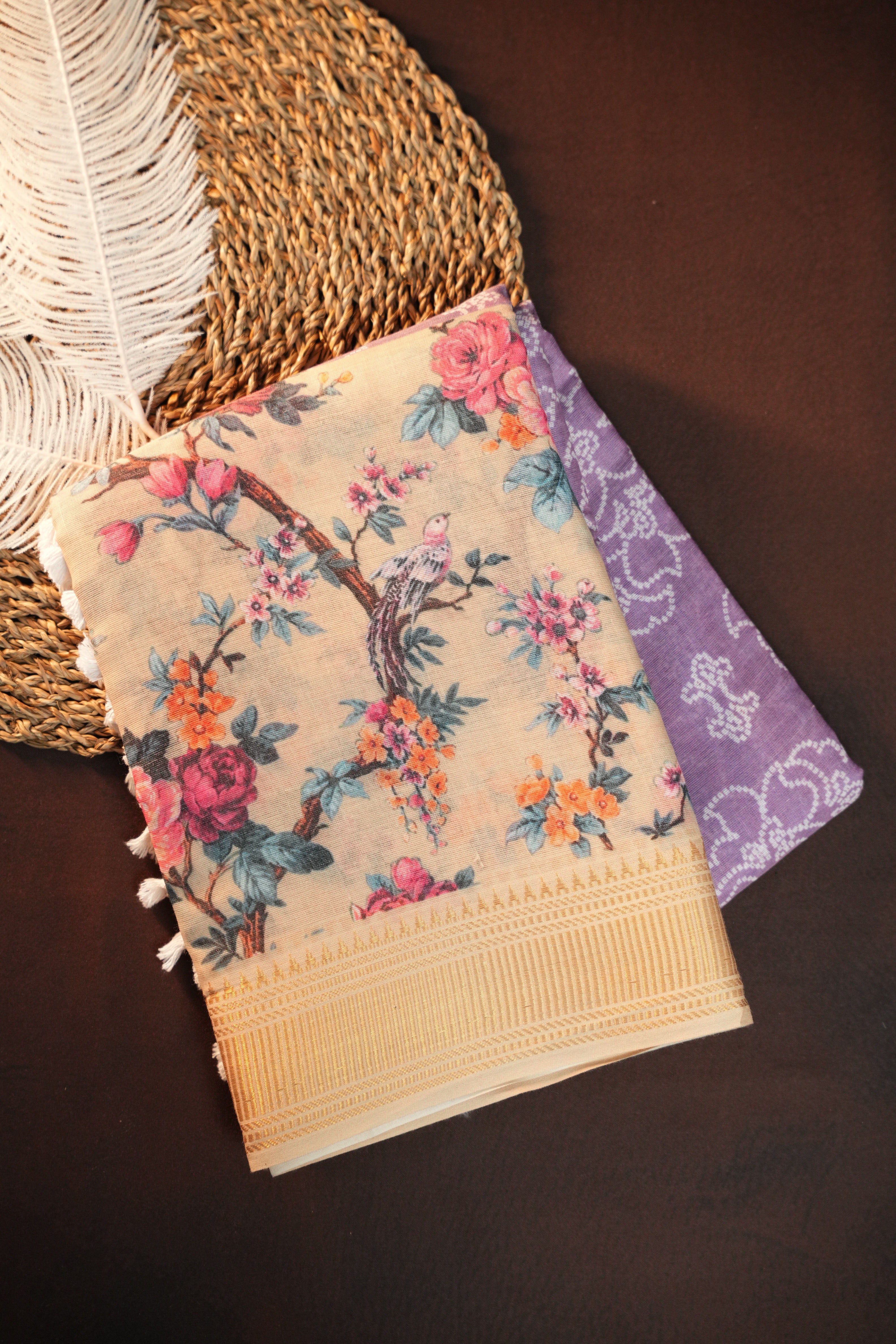 Beige Floral Printed Cotton Saree with Elegant Woven Border
