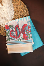 Sky Blue Kalamkari Printed Cotton Saree with Designer Border