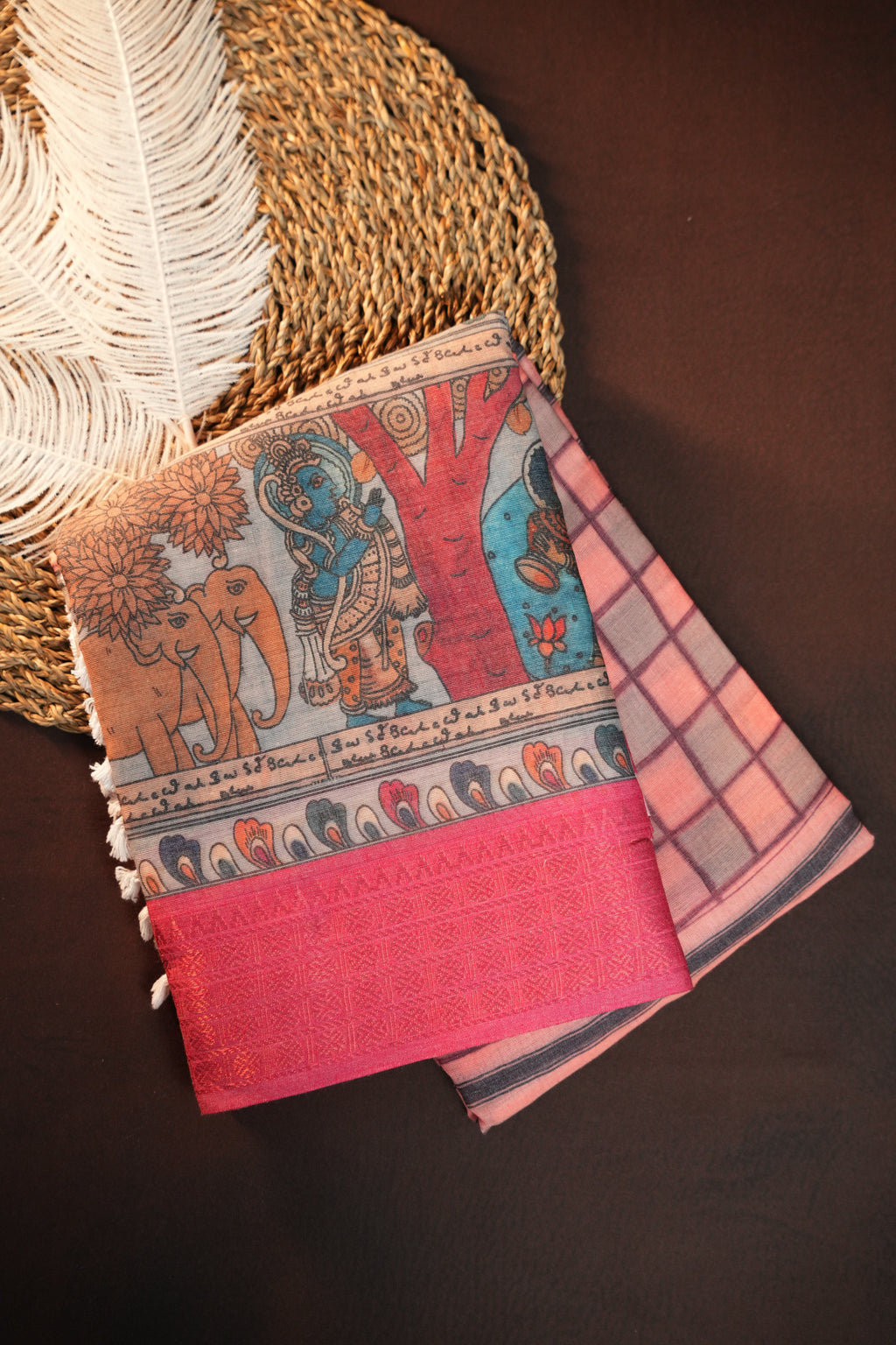 Pink Kalamkari Printed Cotton Saree with Traditional Border