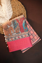 Pink Kalamkari Printed Cotton Saree with Traditional Border