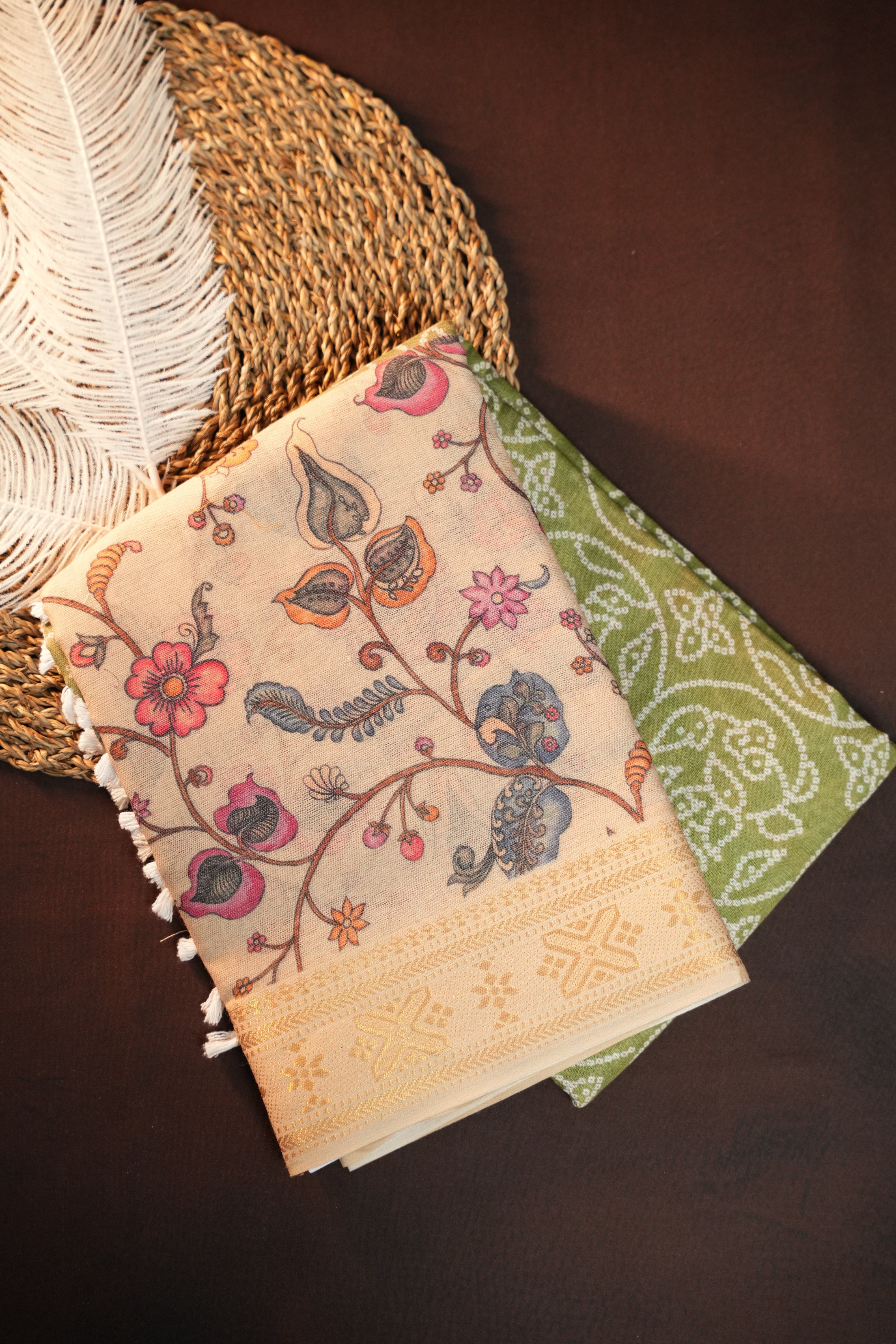 Beige Floral Printed Cotton Saree with Elegant Border