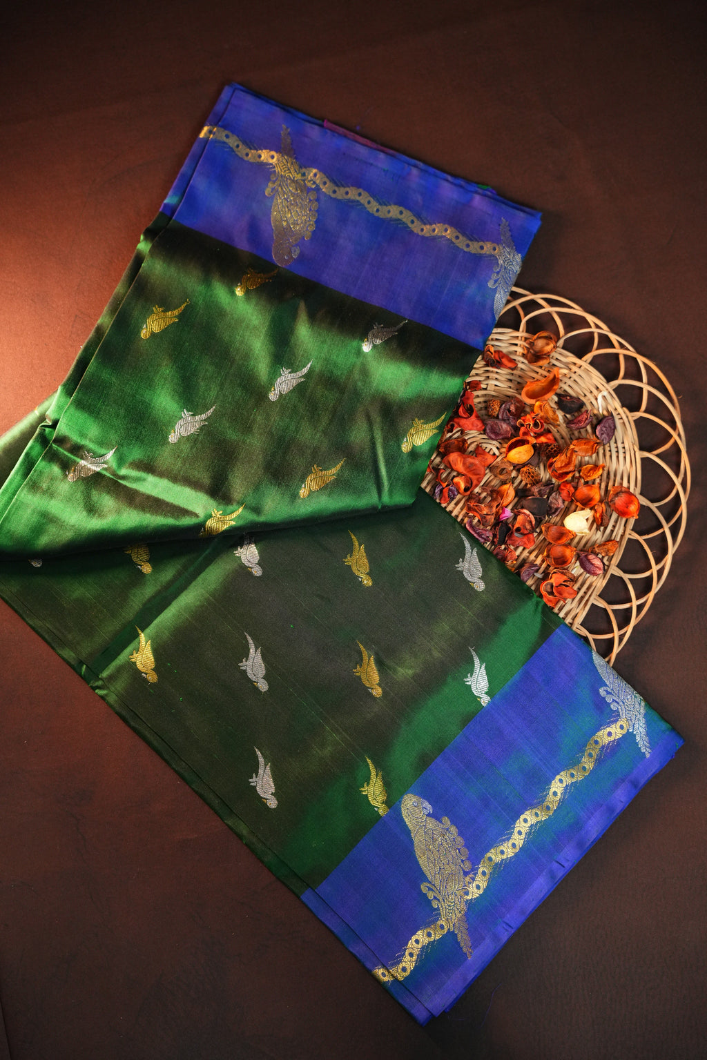 Emerald Green Maharani Pattu Silk Saree with Blue Peacock Border