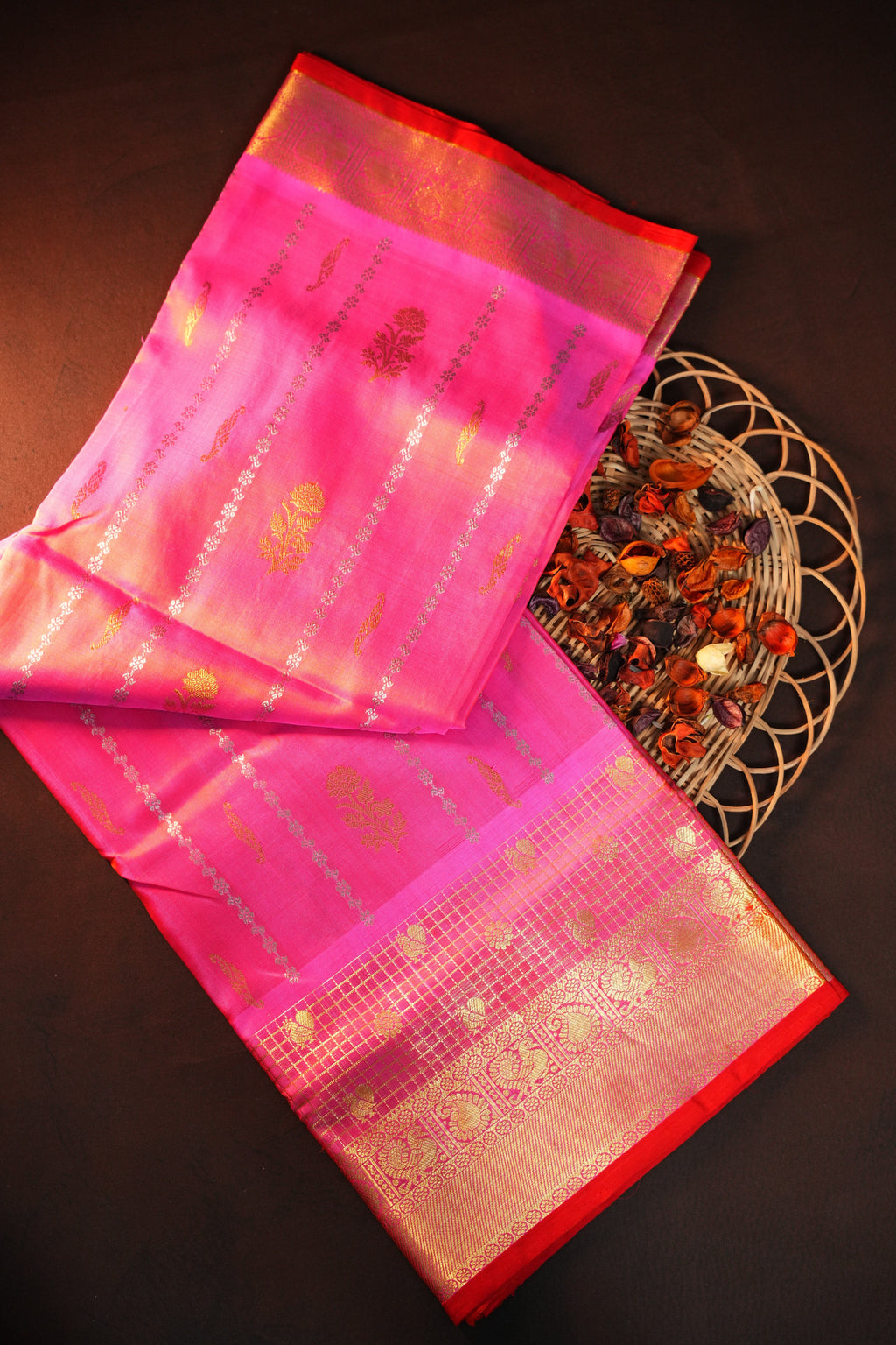 Hot Pink Maharani Pattu Silk Saree with Gold Zari Border