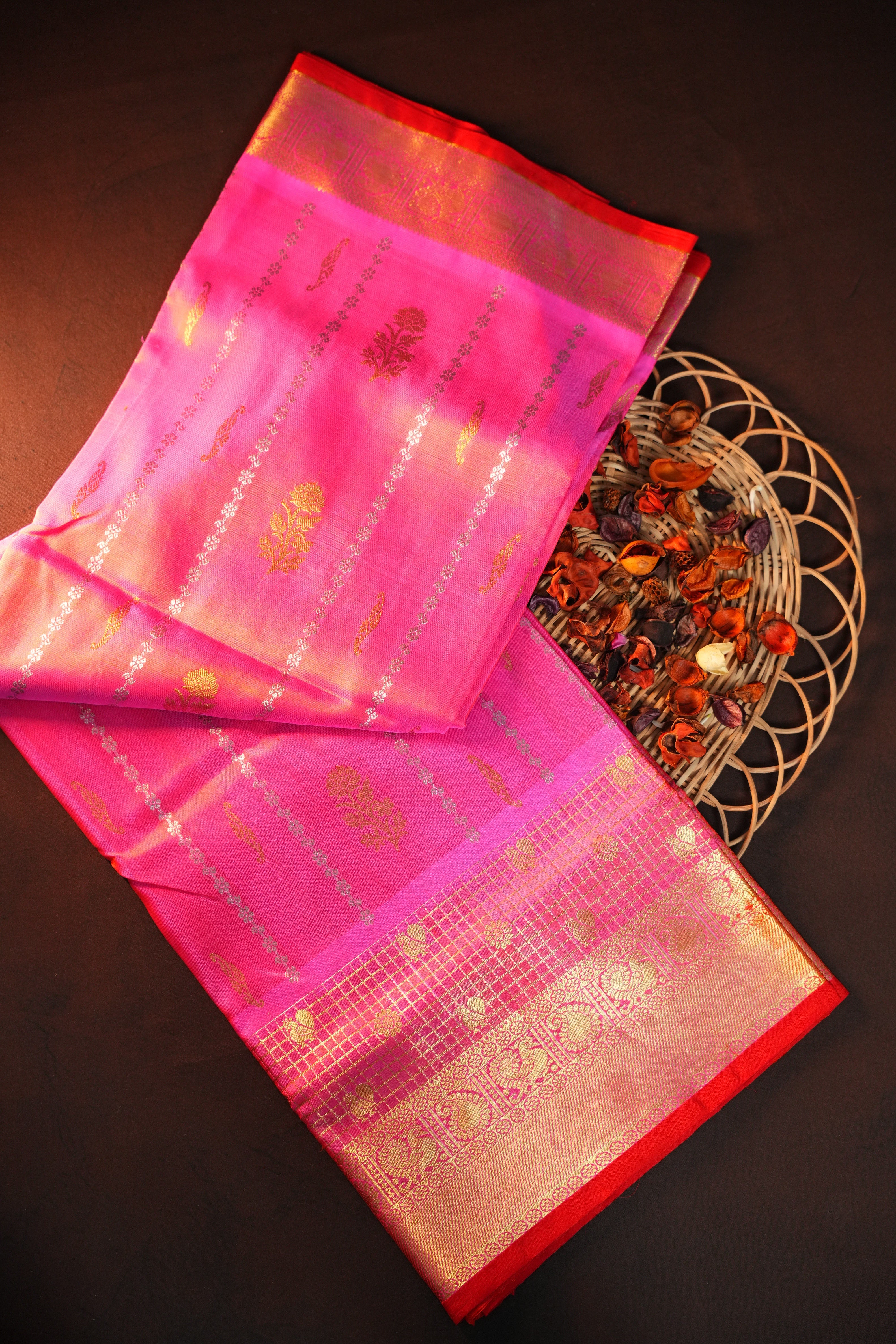 Hot Pink Maharani Pattu Silk Saree with Gold Zari Border