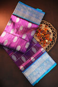 Purple Maharani Pattu Silk Saree with Silver Zari Checks