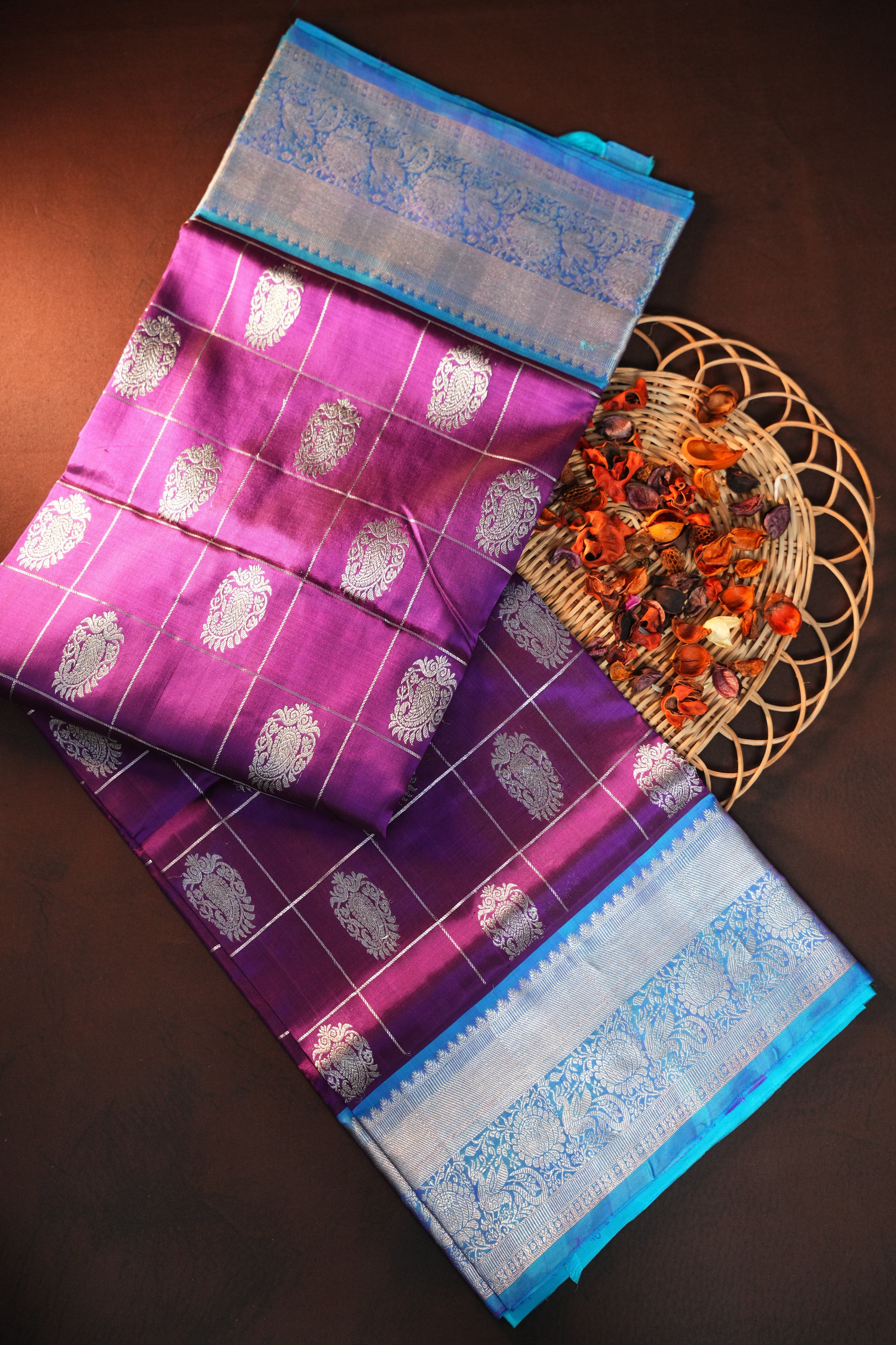 Purple Maharani Pattu Silk Saree with Silver Zari Checks