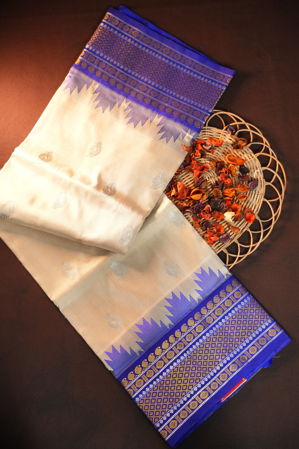 Cream Maharani Pattu Silk Saree with Royal Blue Zari Border