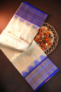 Cream Maharani Pattu Silk Saree with Royal Blue Zari Border
