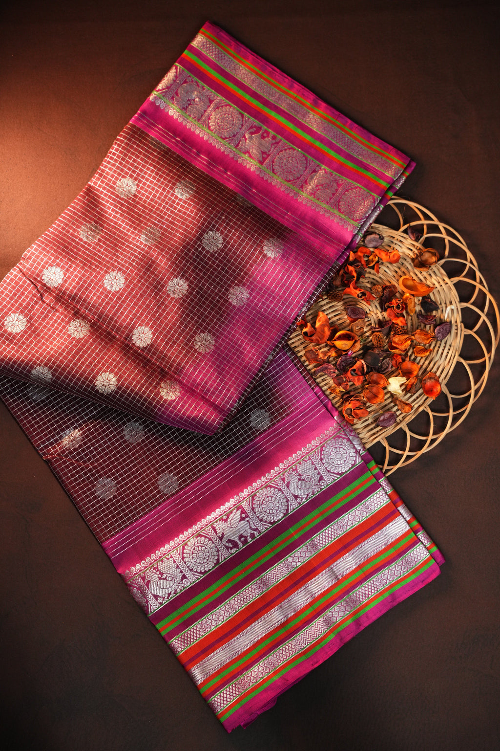 Magenta Maharani Pattu Silk Saree with Silver Zari Border