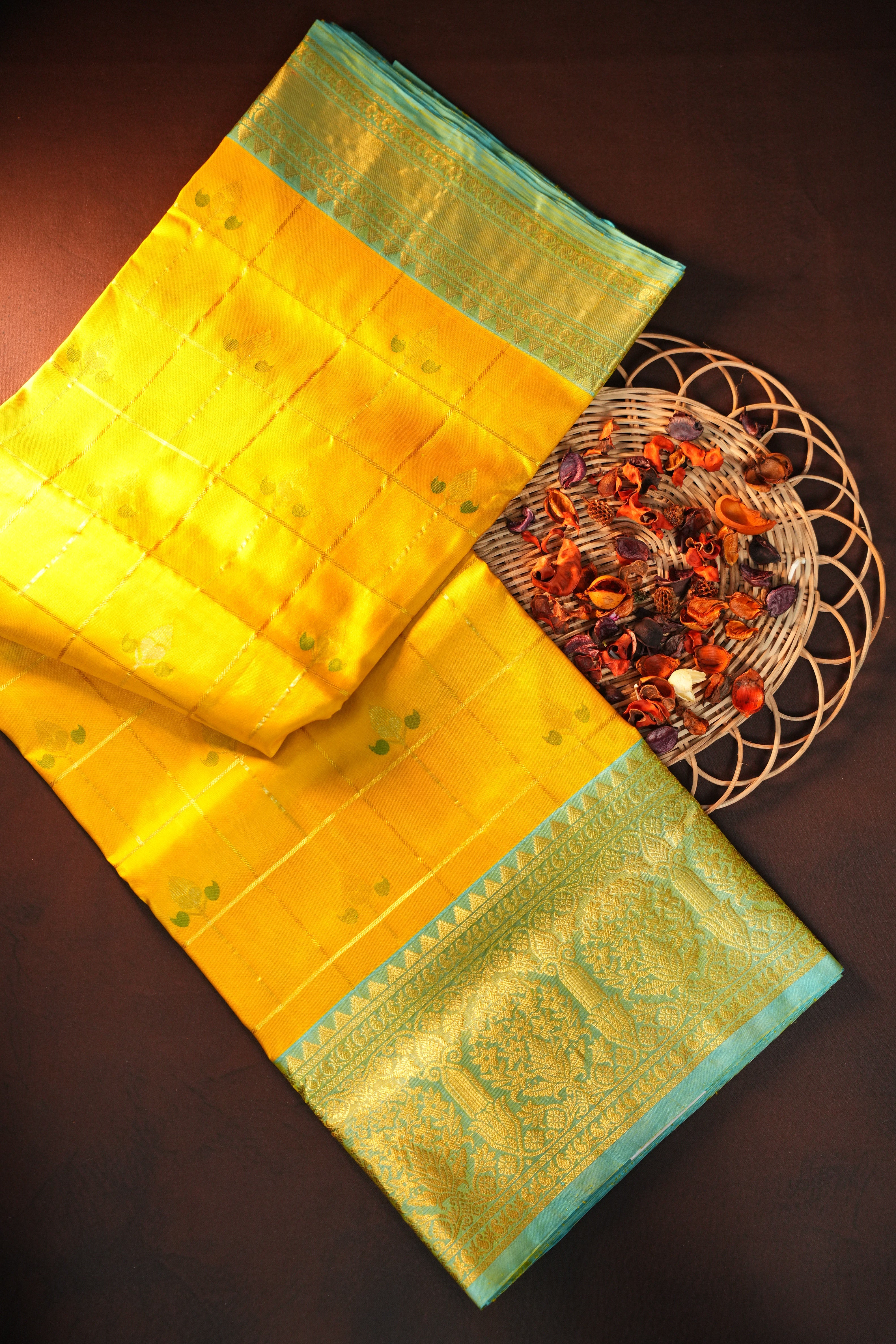 Royal Yellow Maharani Pattu Silk Saree with Green Zari Border