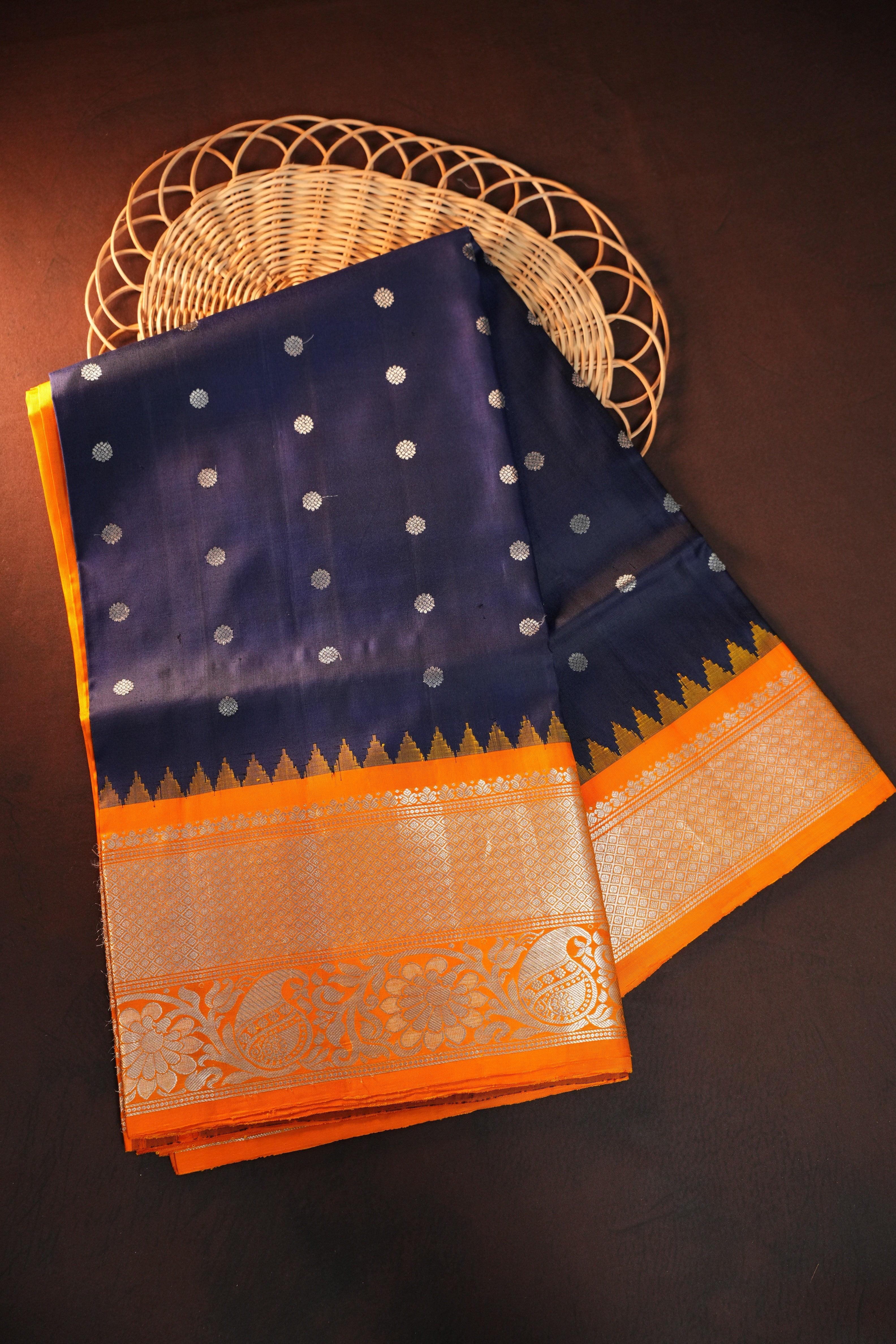 Navy Blue Gadwal Silk Saree with Orange Zari Border