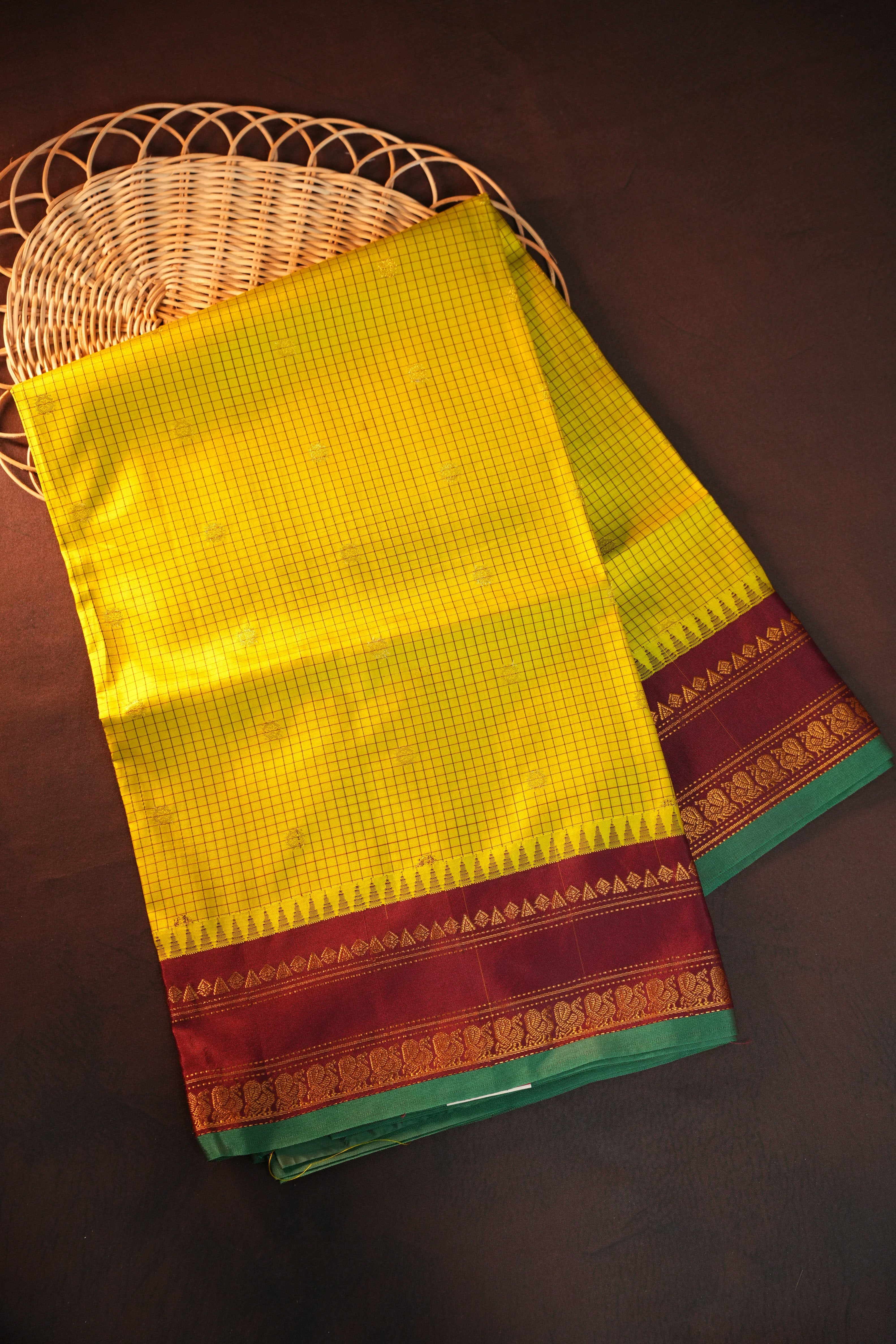 Yellow Checks Gadwal Silk Saree with Maroon Zari Border