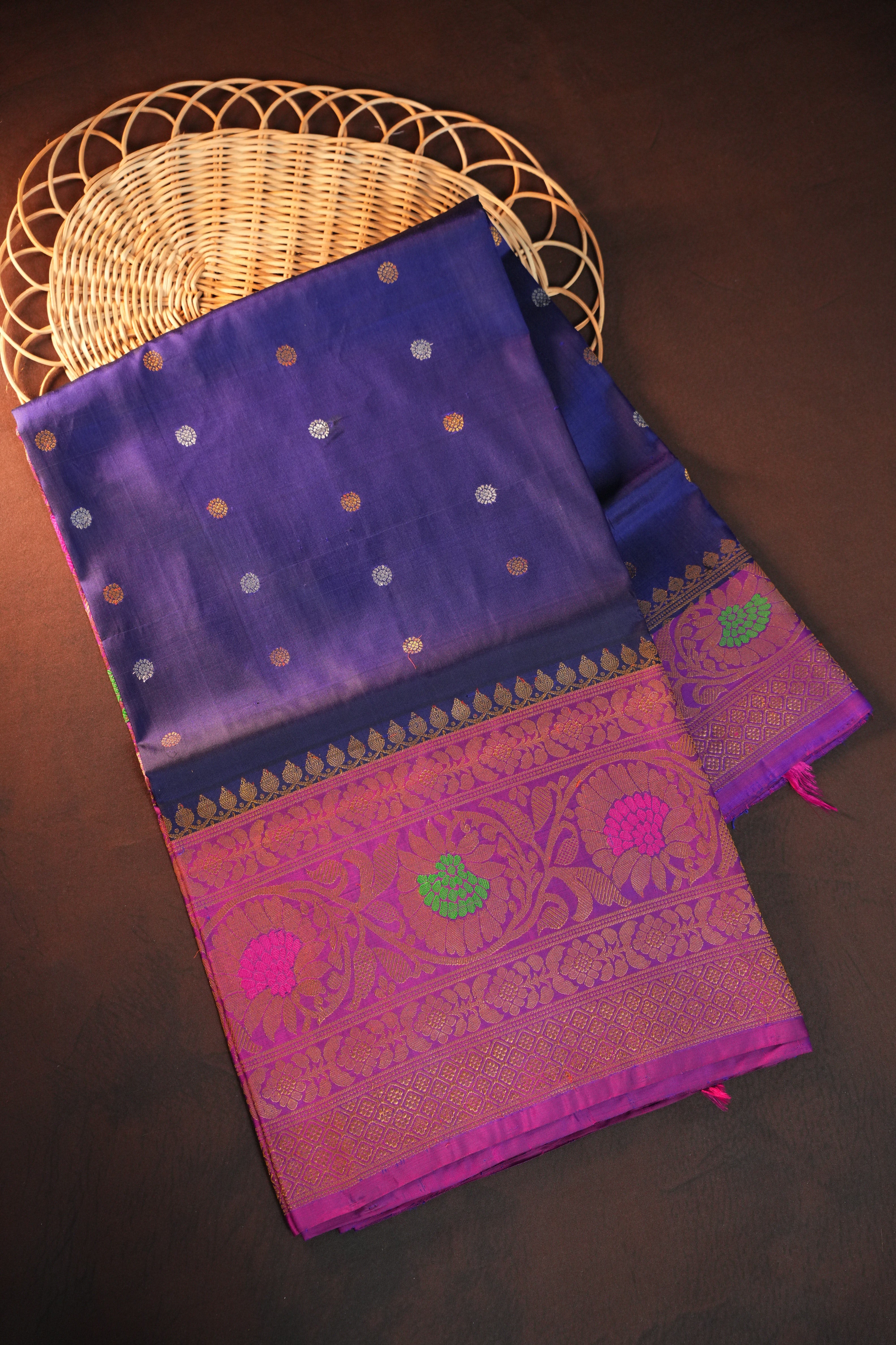 Royal Navy Blue Gadwal Silk Saree with Pink Zari Border