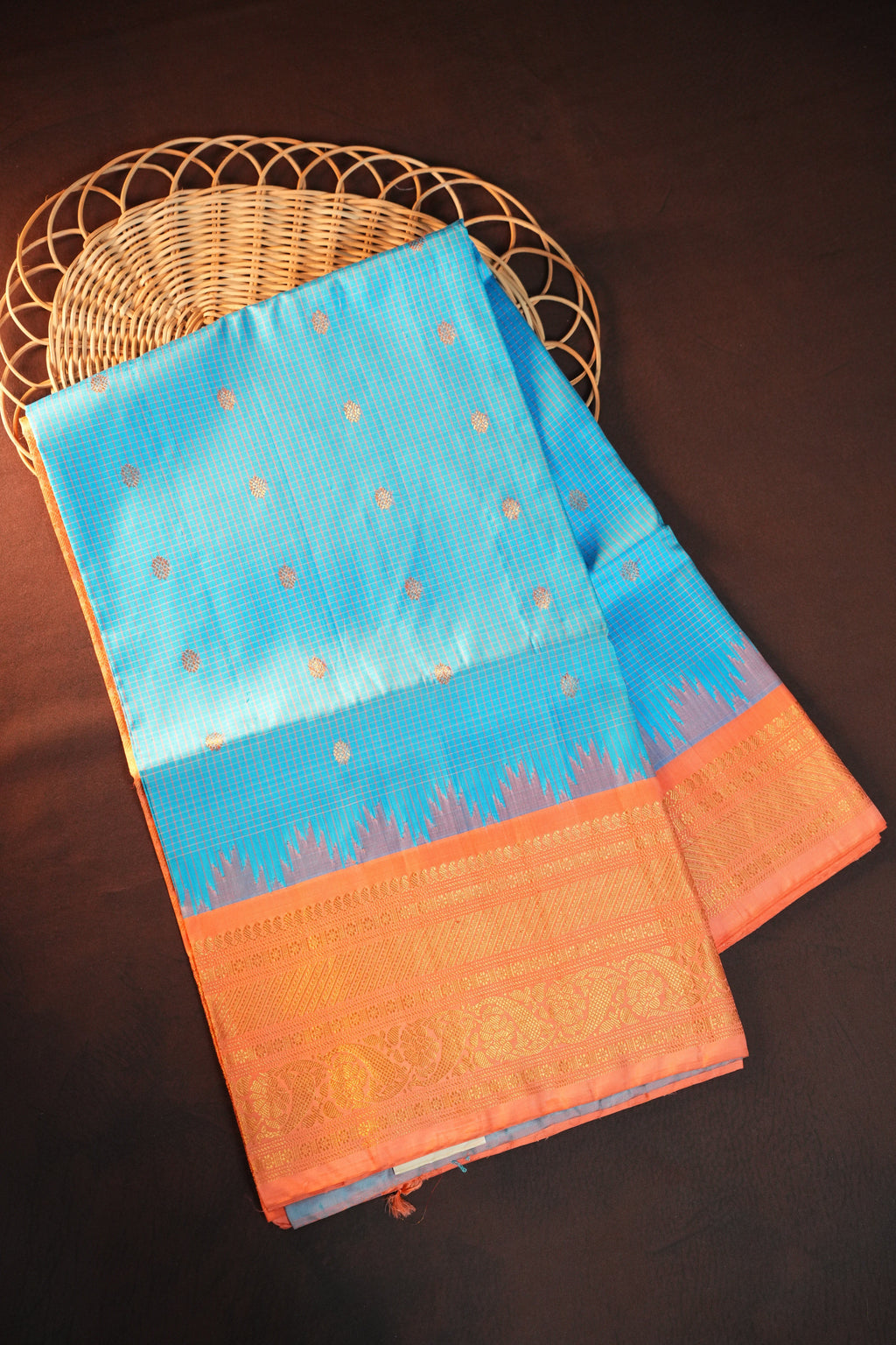 Sky Blue Gadwal Silk Saree with Peach Zari Border
