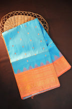 Sky Blue Gadwal Silk Saree with Peach Zari Border