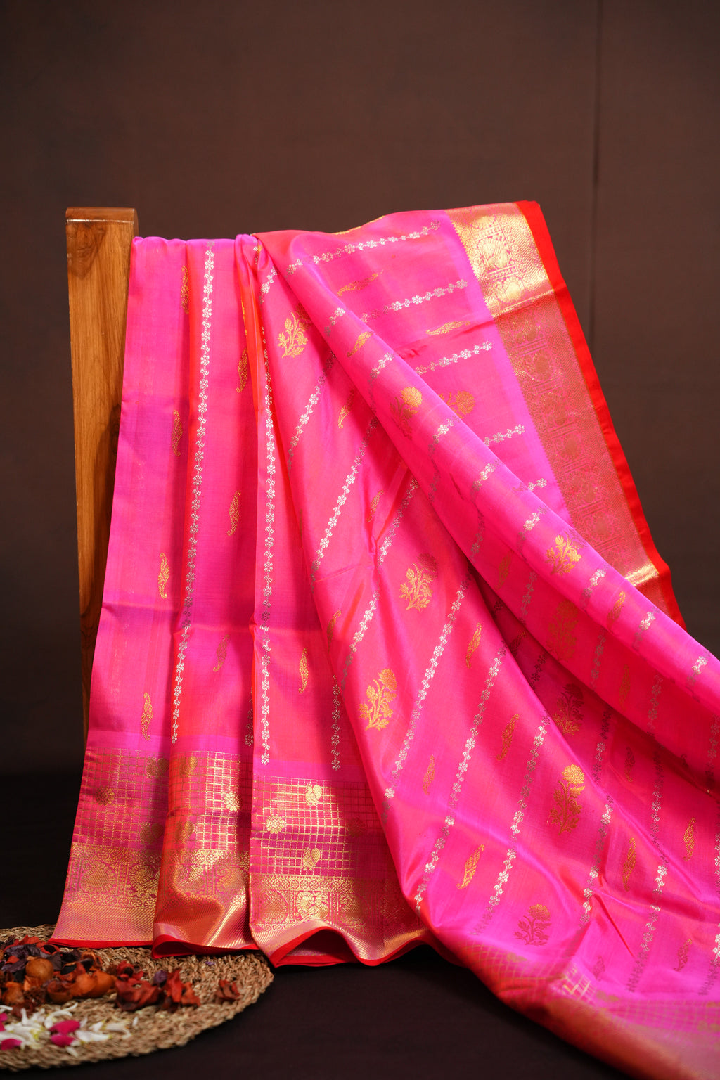 Hot Pink Maharani Pattu Silk Saree with Gold Zari Border