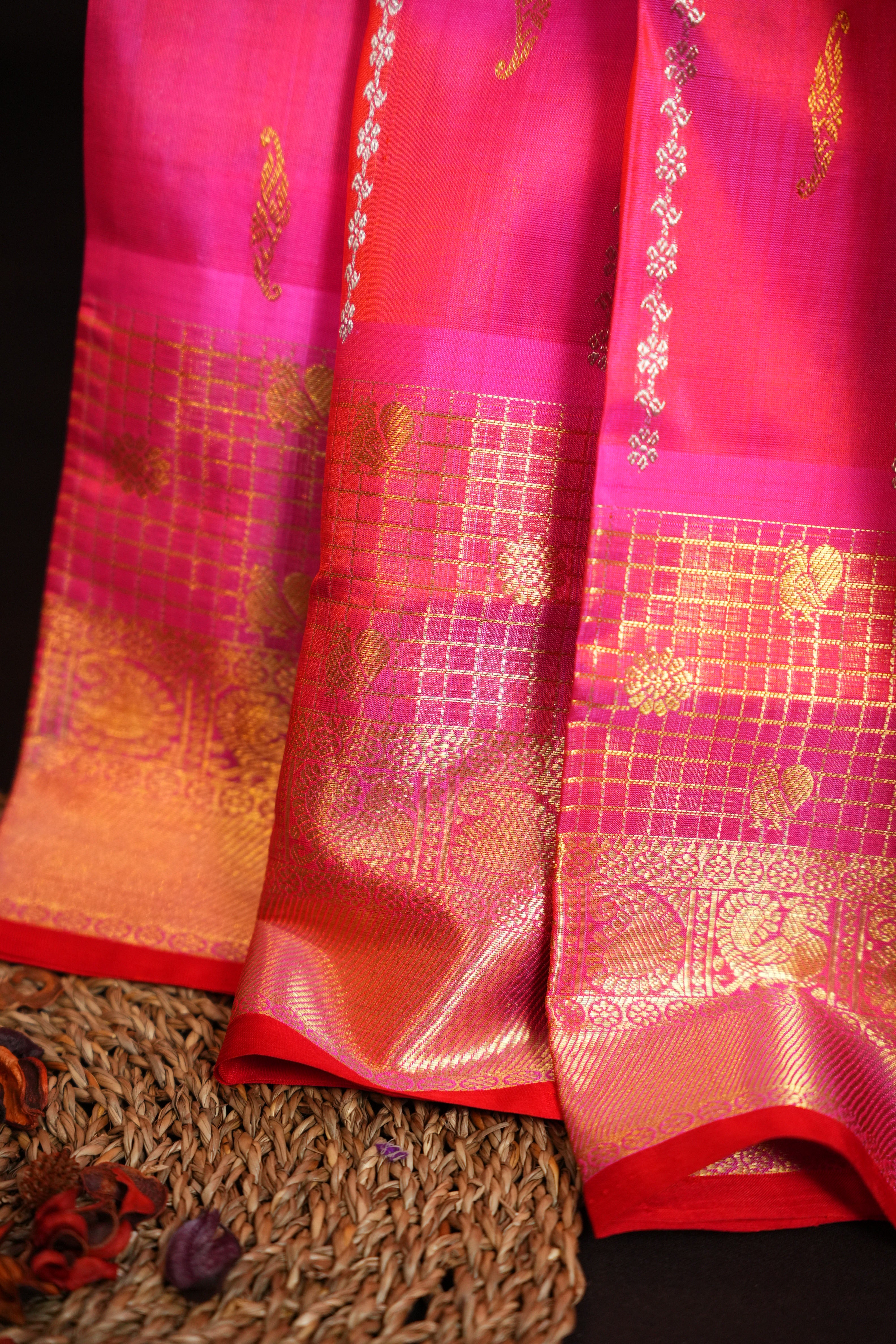 Hot Pink Maharani Pattu Silk Saree with Gold Zari Border