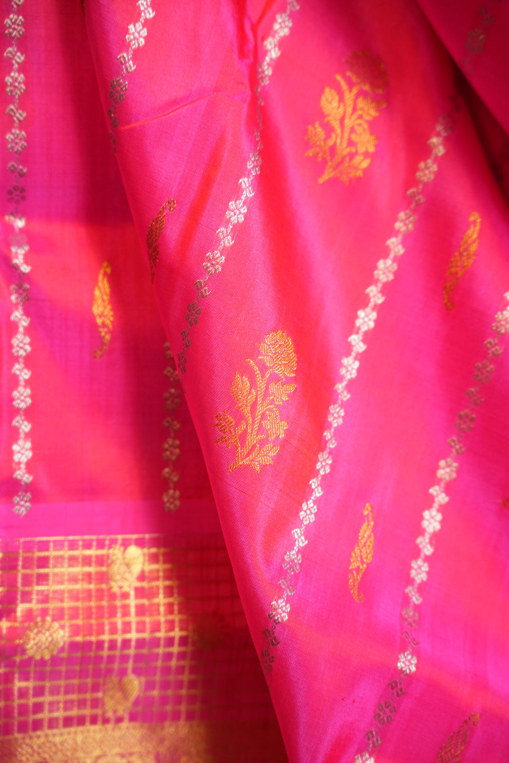 Hot Pink Maharani Pattu Silk Saree with Gold Zari Border