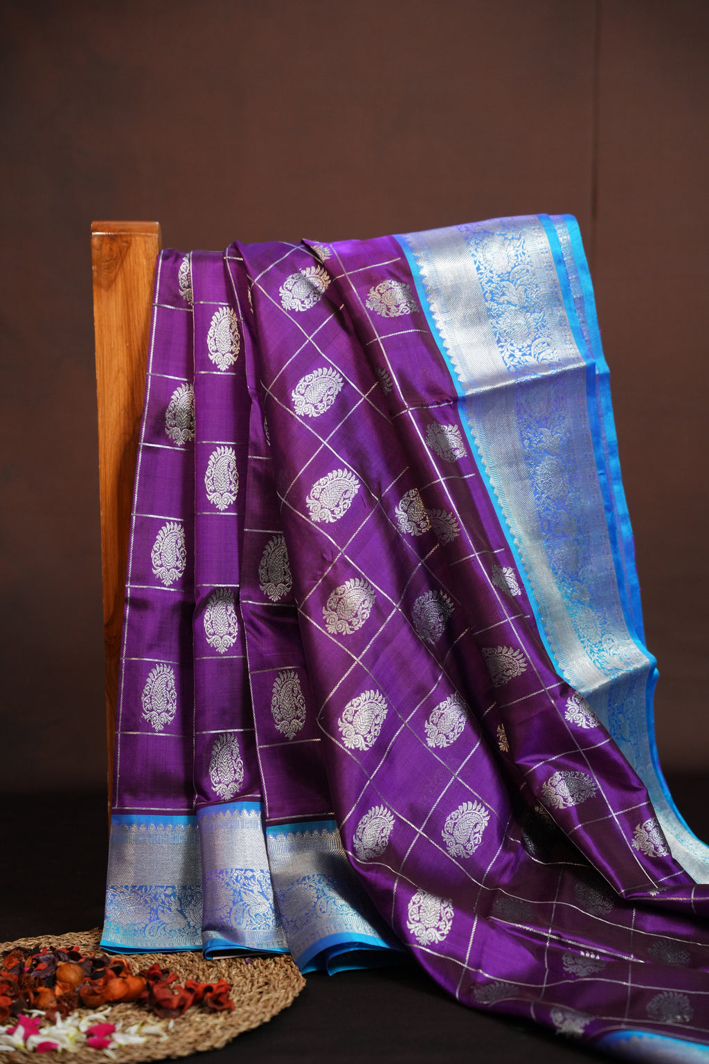 Purple Maharani Pattu Silk Saree with Silver Zari Checks