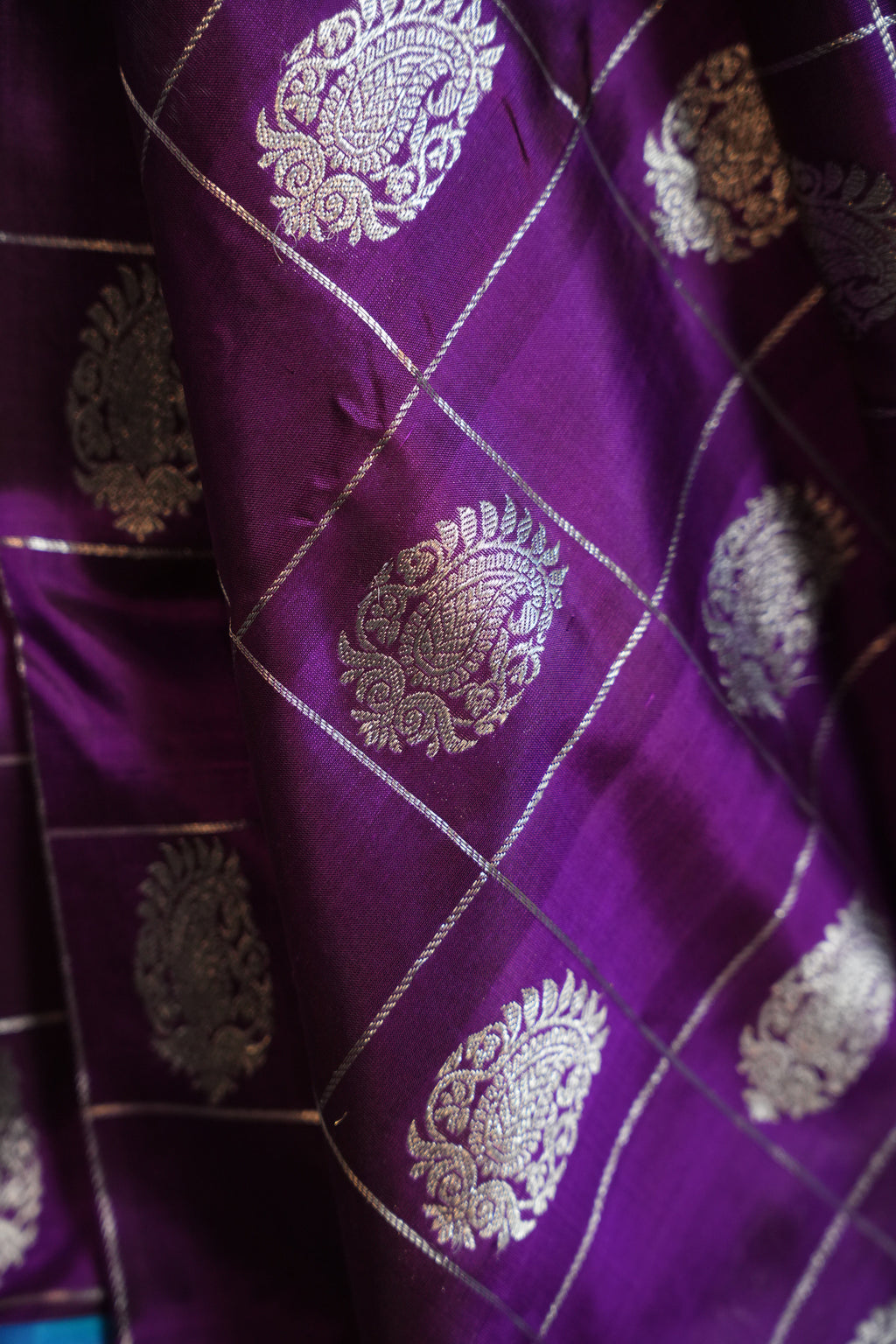 Purple Maharani Pattu Silk Saree with Silver Zari Checks