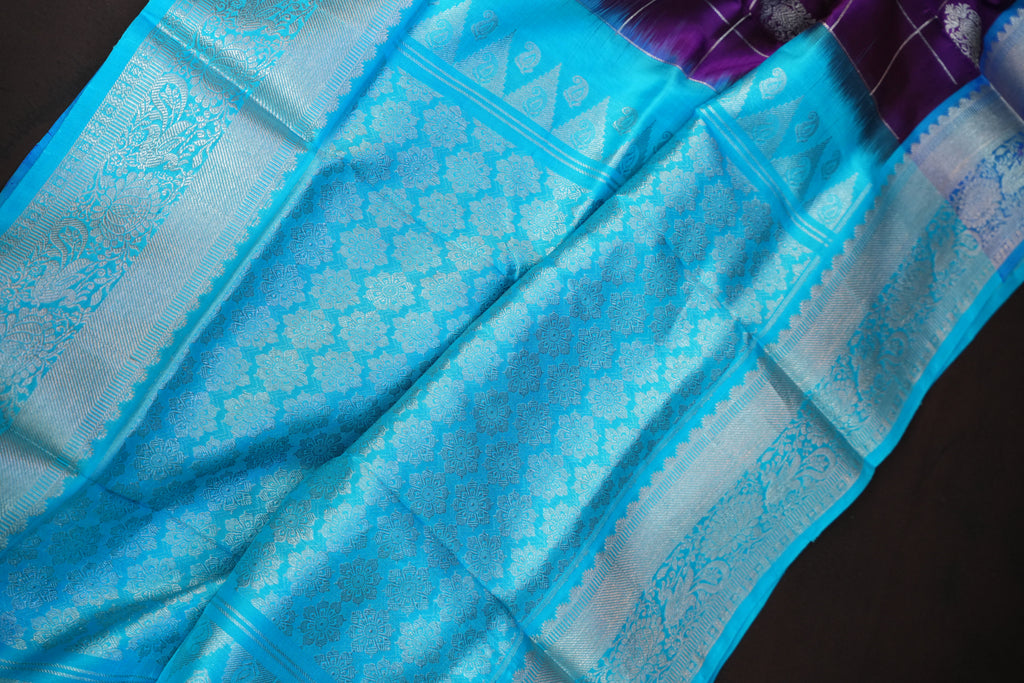 Purple Maharani Pattu Silk Saree with Silver Zari Checks