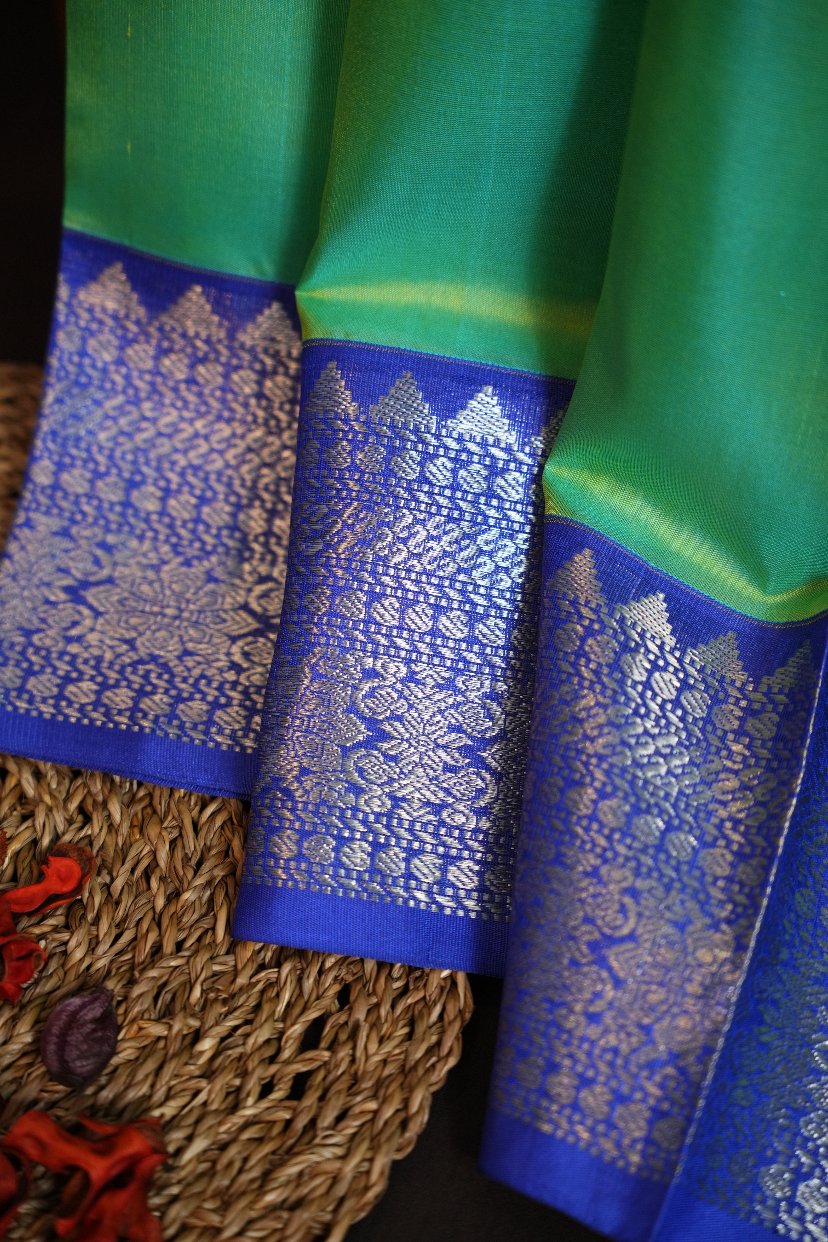 Pastel Green Maharani Pattu Silk Saree with Royal Blue Zari Border