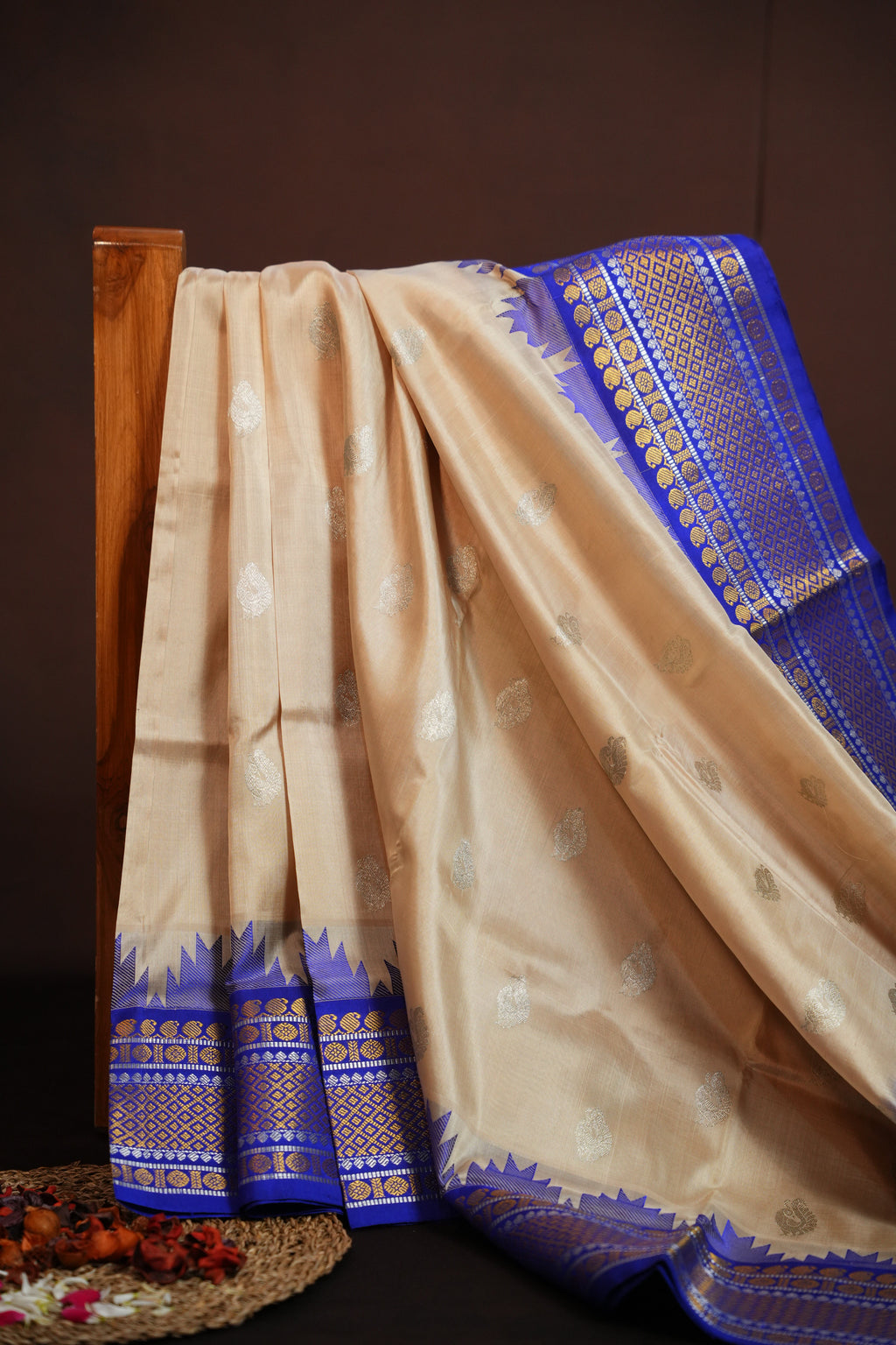 Cream Maharani Pattu Silk Saree with Royal Blue Zari Border