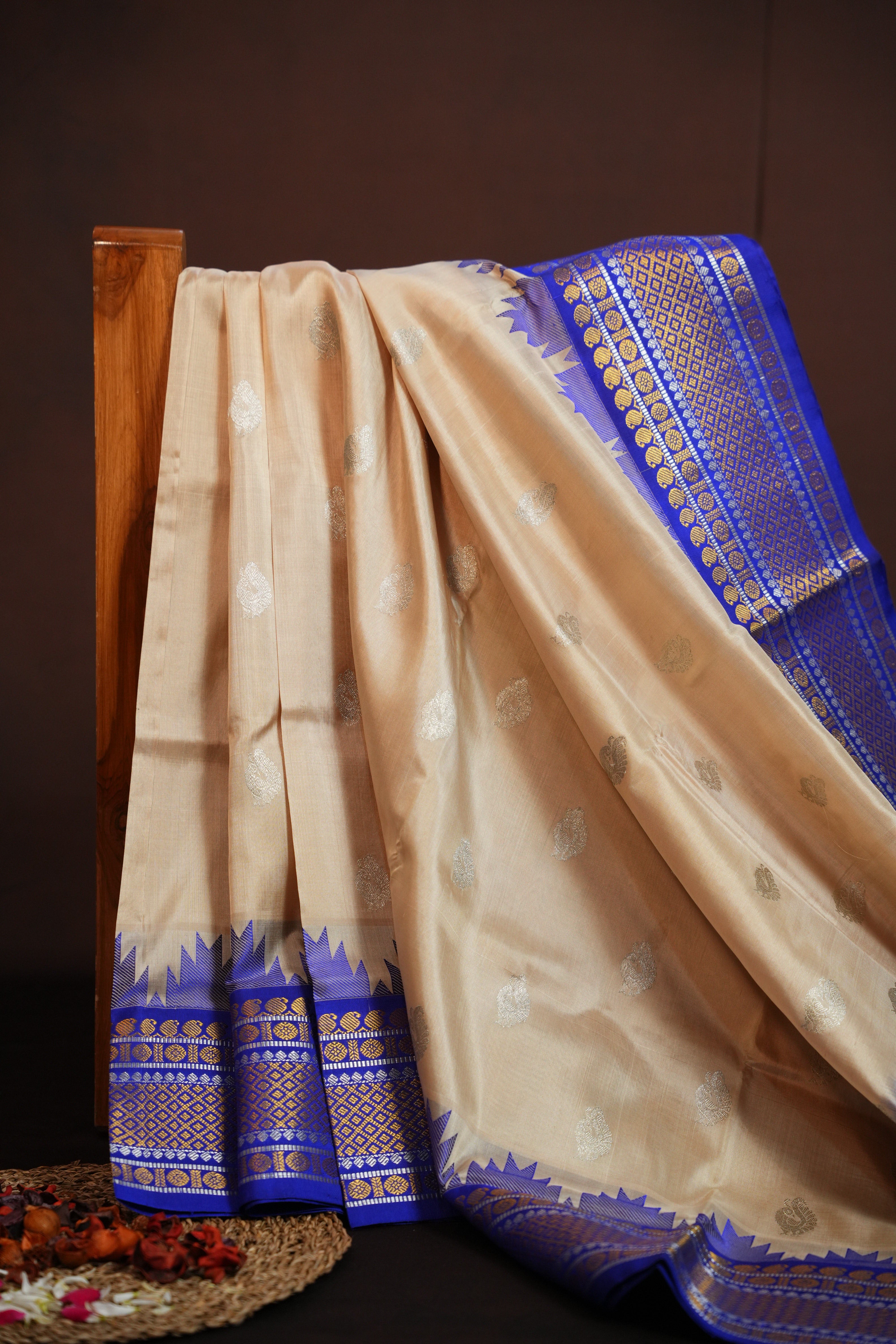 Cream Maharani Pattu Silk Saree with Royal Blue Zari Border