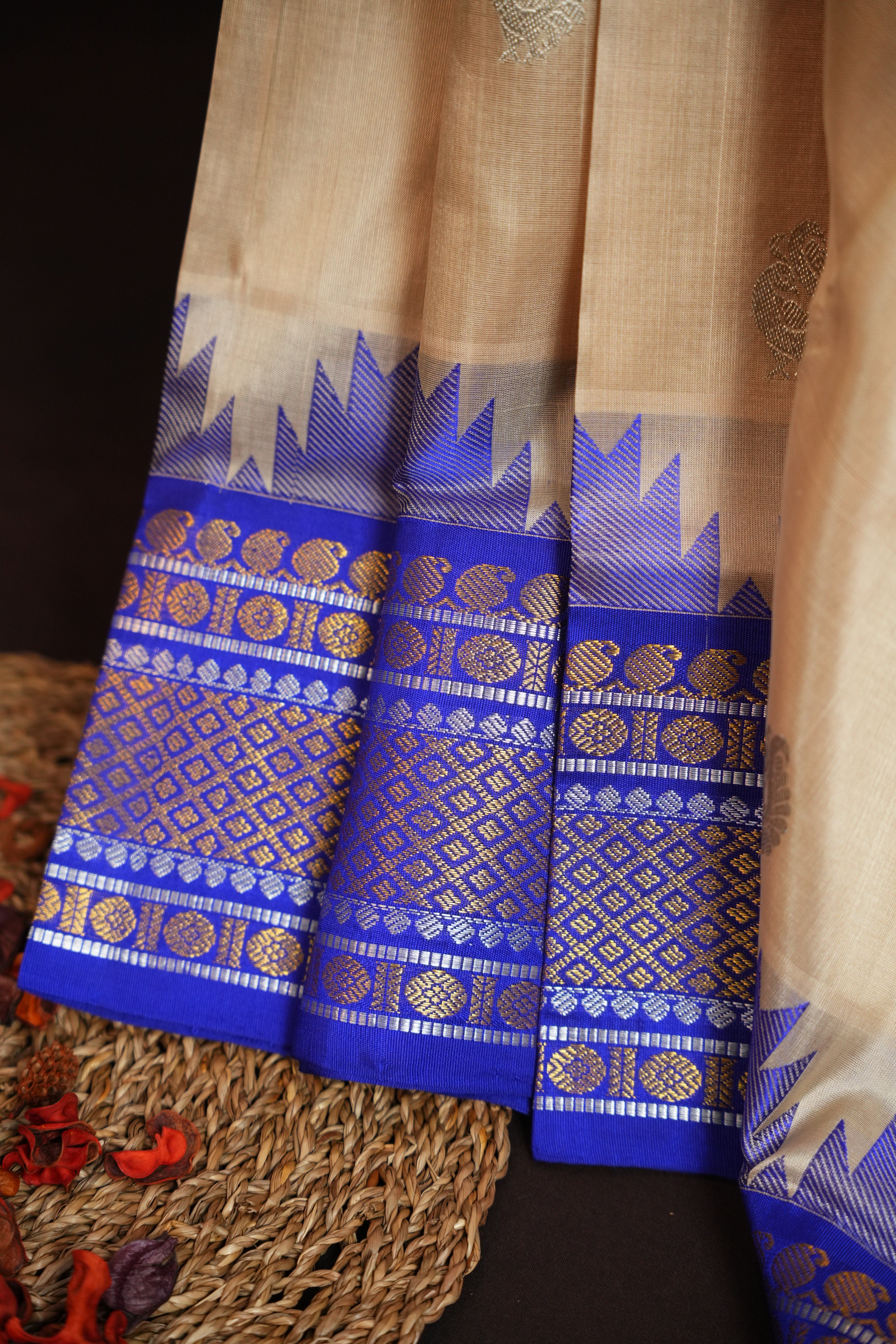 Cream Maharani Pattu Silk Saree with Royal Blue Zari Border