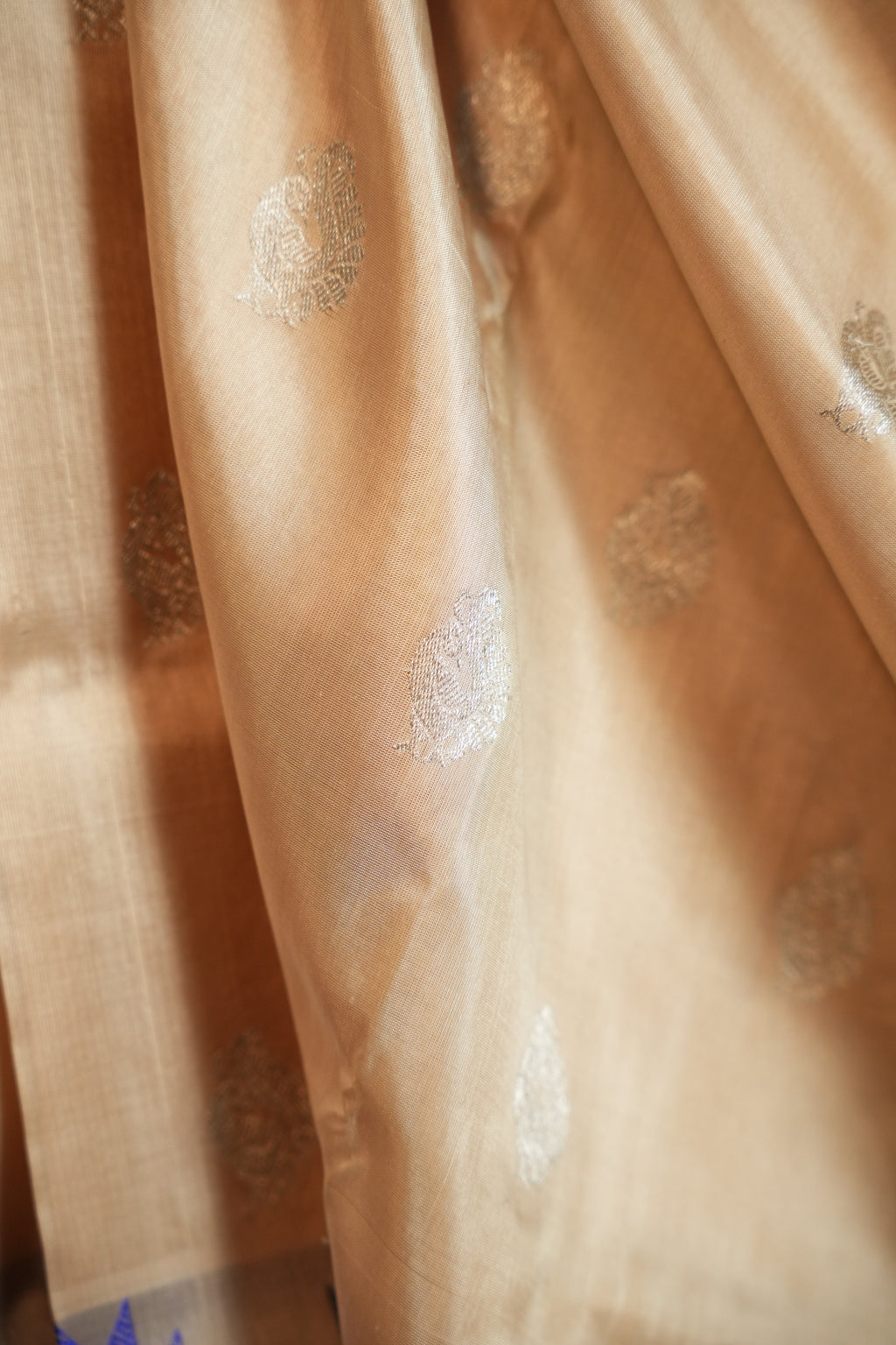 Cream Maharani Pattu Silk Saree with Royal Blue Zari Border