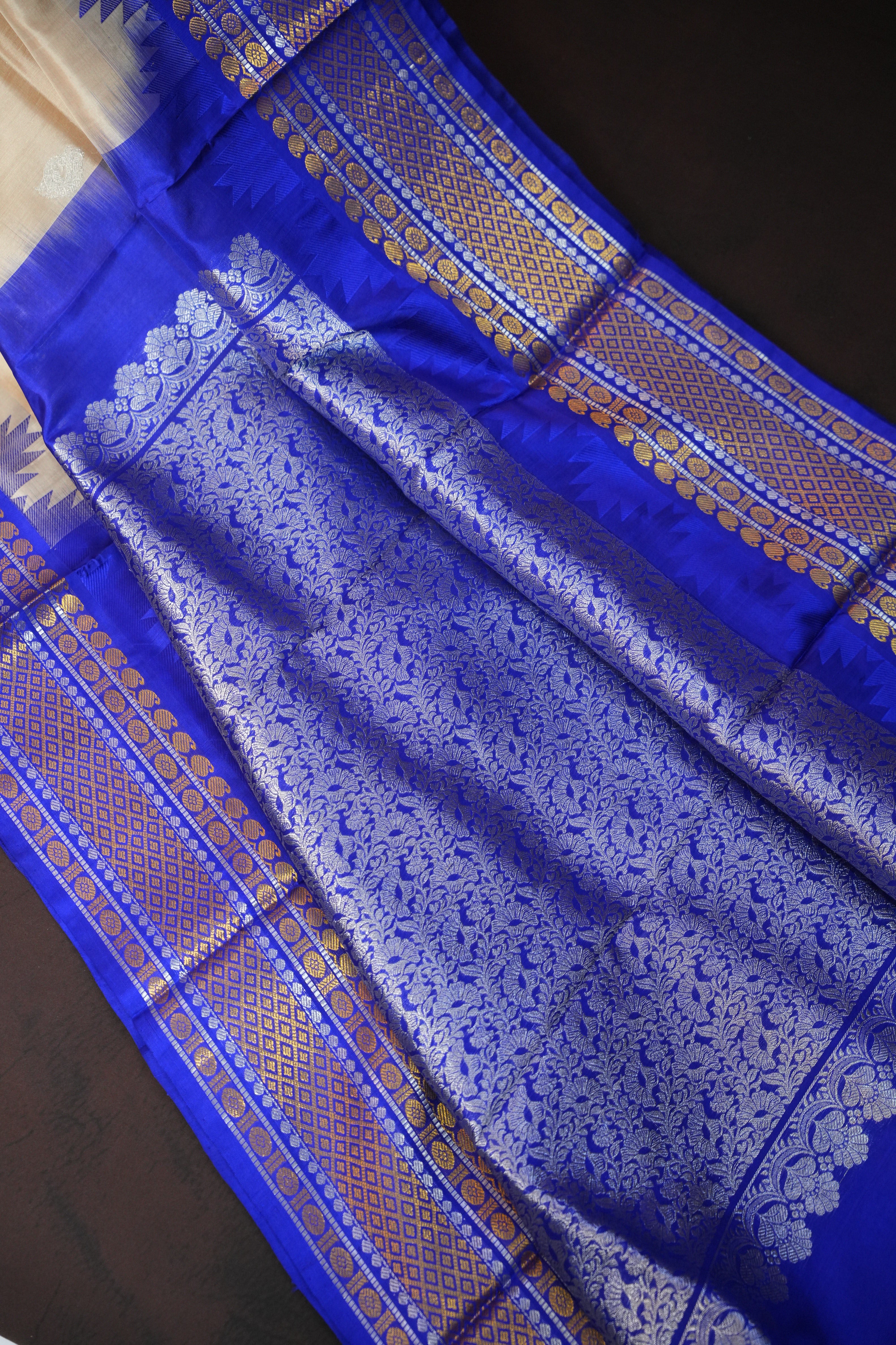Cream Maharani Pattu Silk Saree with Royal Blue Zari Border