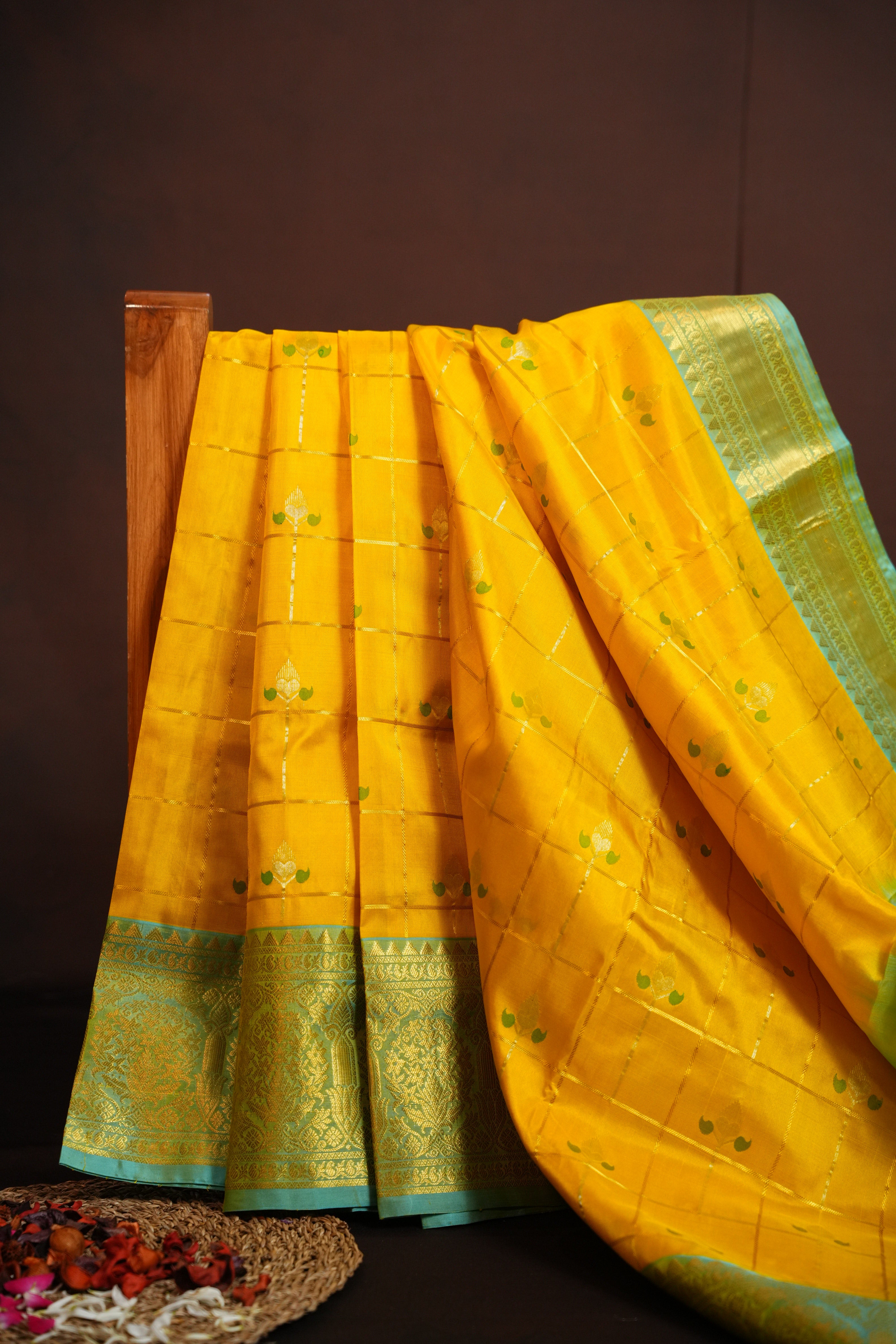 Royal Yellow Maharani Pattu Silk Saree with Green Zari Border