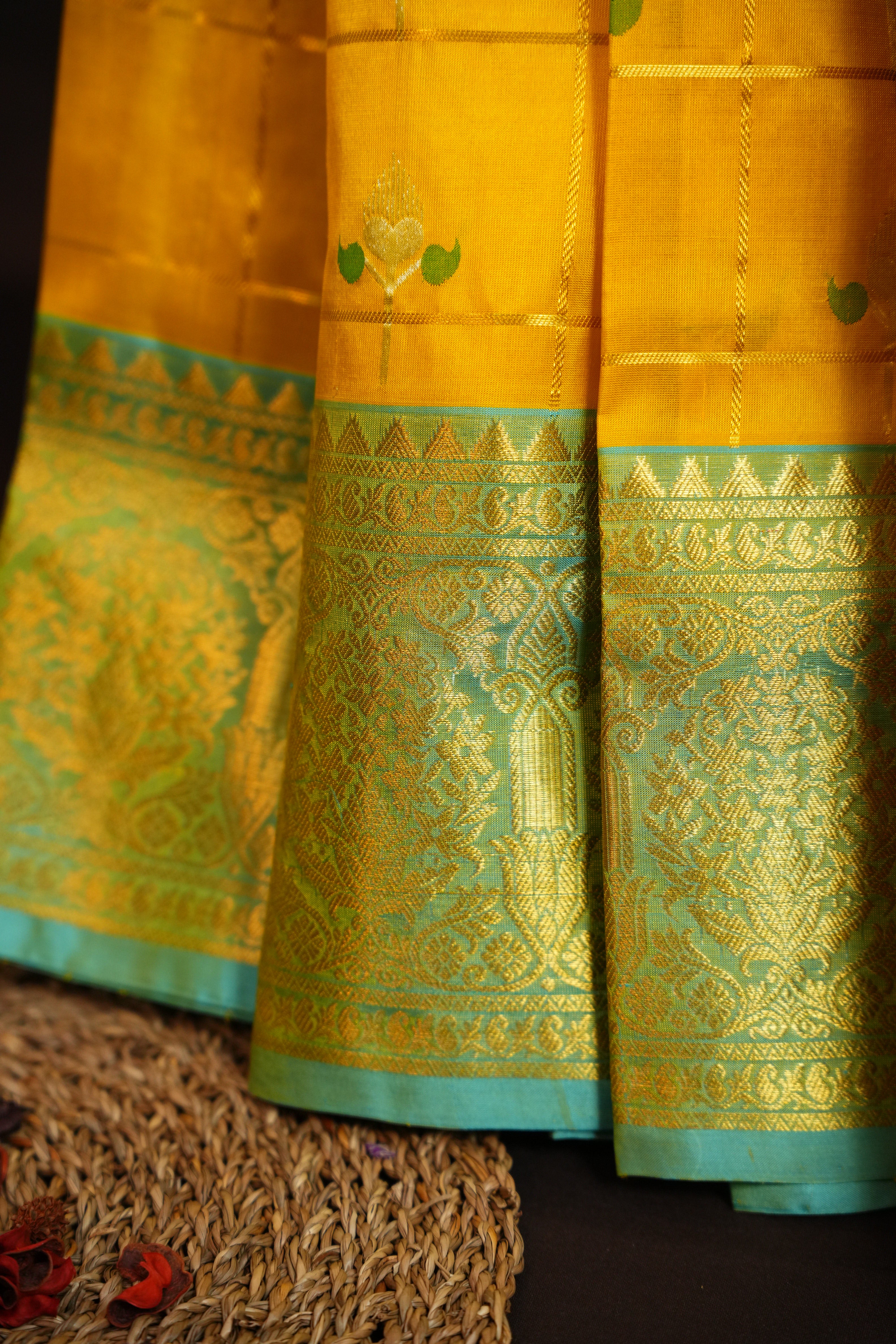 Royal Yellow Maharani Pattu Silk Saree with Green Zari Border