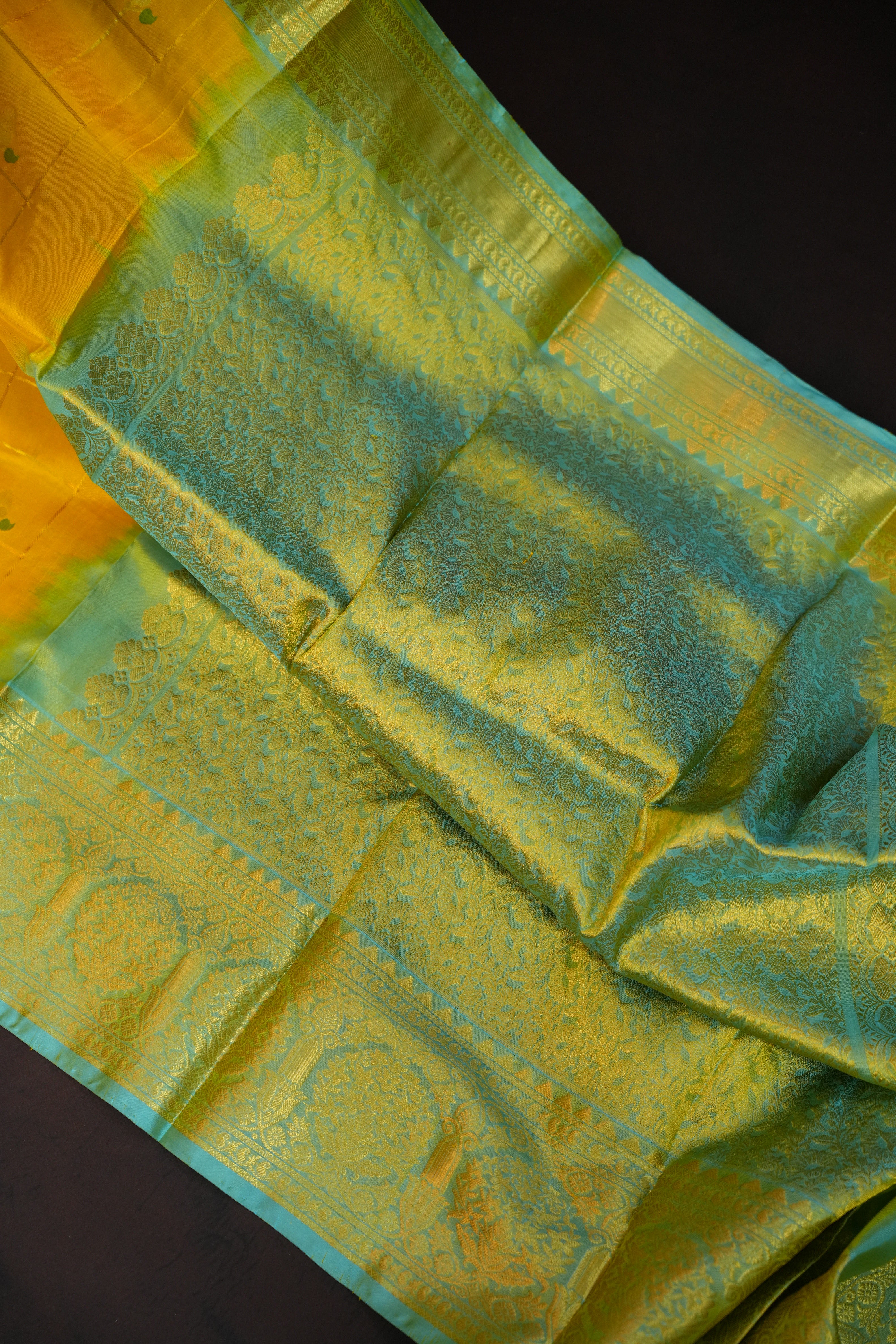 Royal Yellow Maharani Pattu Silk Saree with Green Zari Border