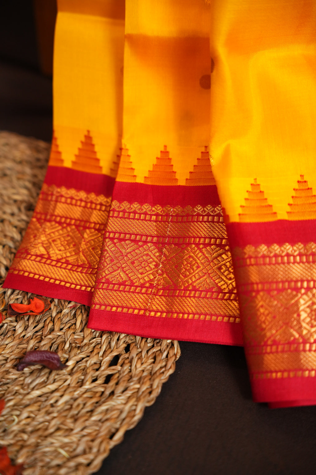 Bright Yellow Gadwal Silk Saree with Red Zari Border
