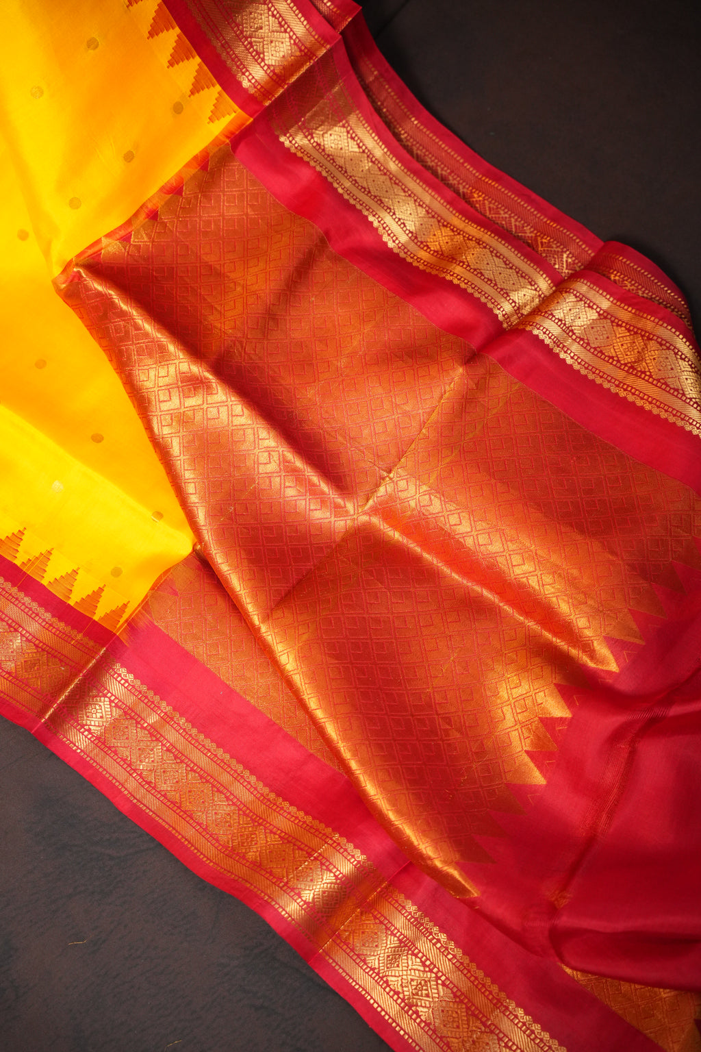 Bright Yellow Gadwal Silk Saree with Red Zari Border