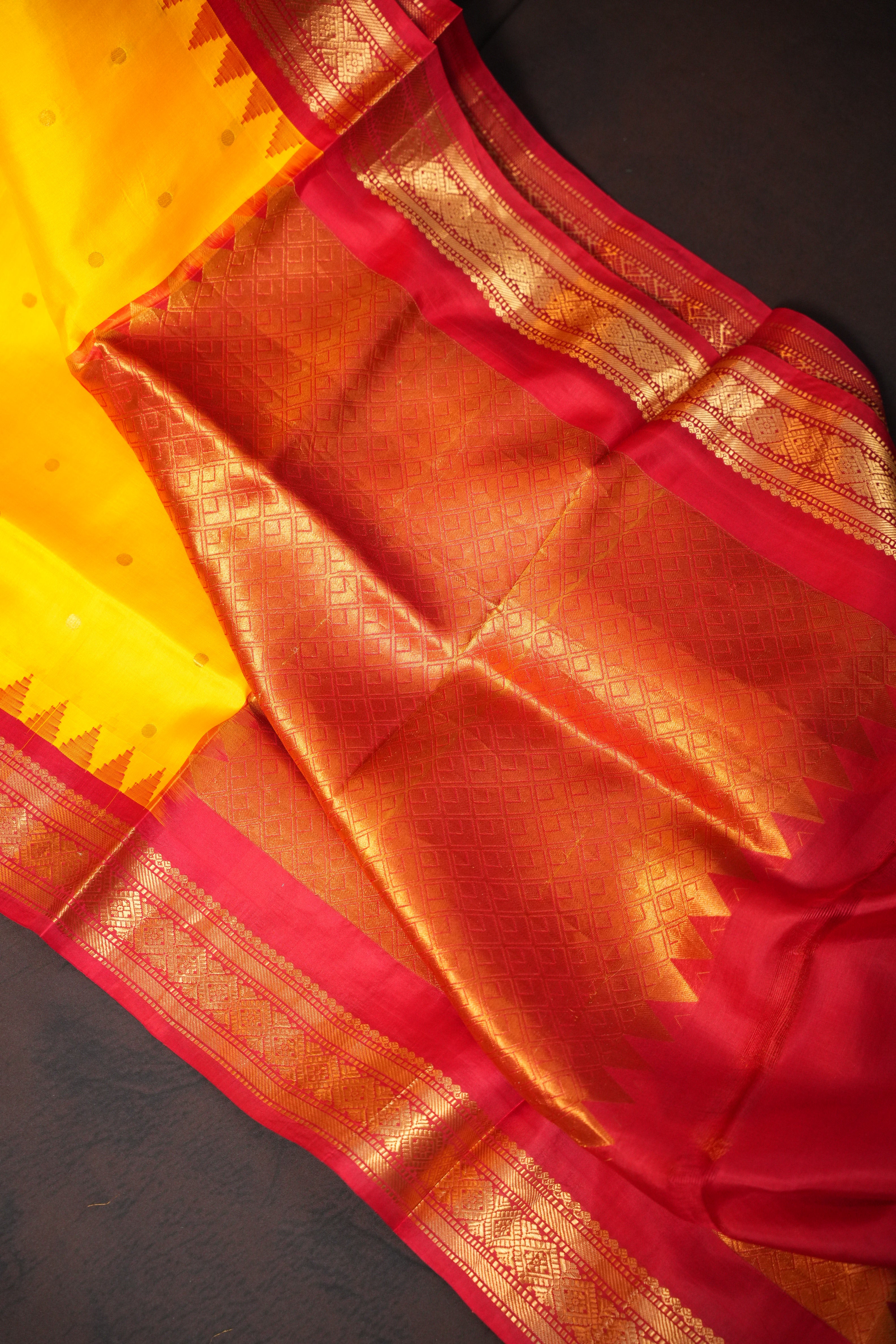 Bright Yellow Gadwal Silk Saree with Red Zari Border