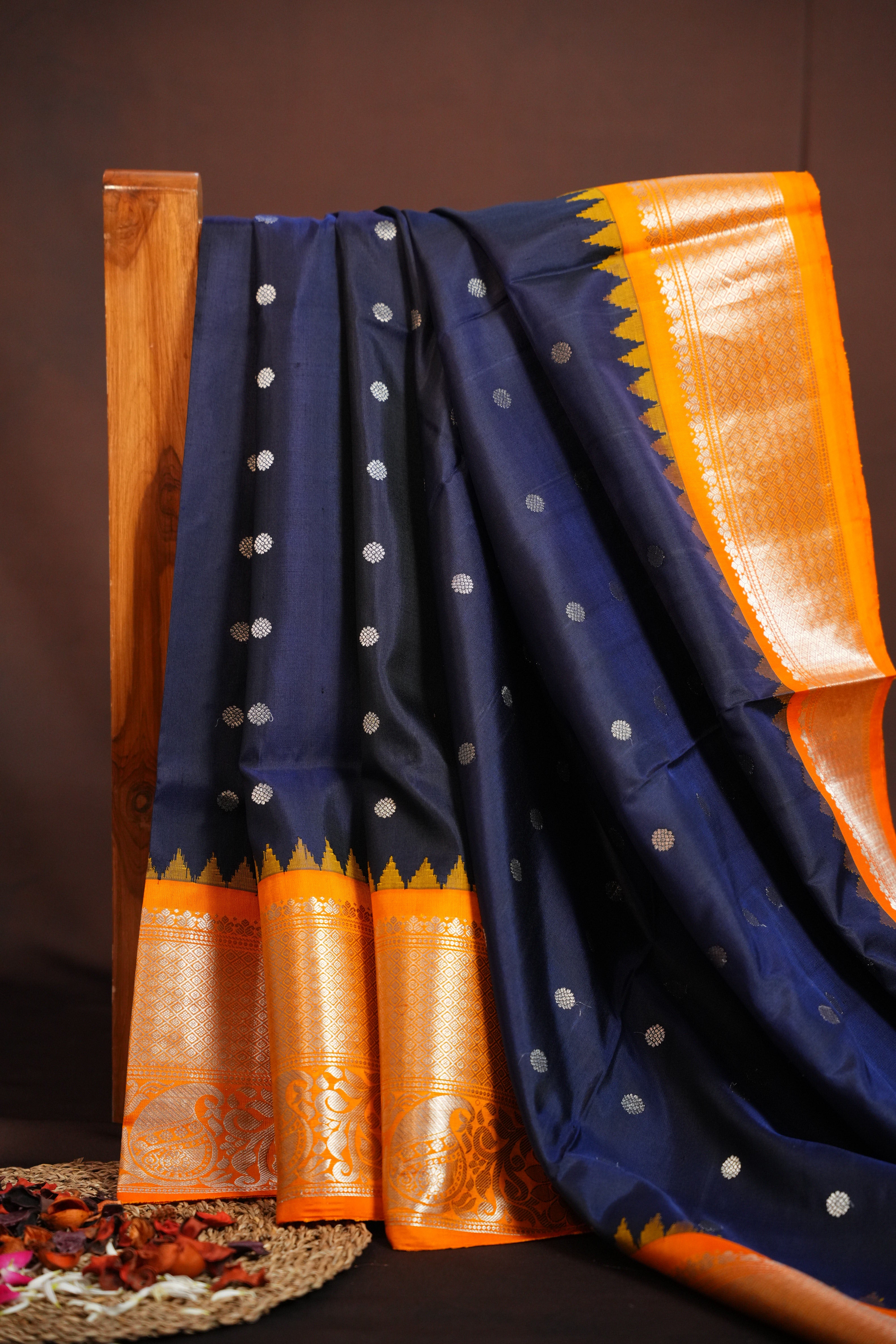 Navy Blue Gadwal Silk Saree with Orange Zari Border