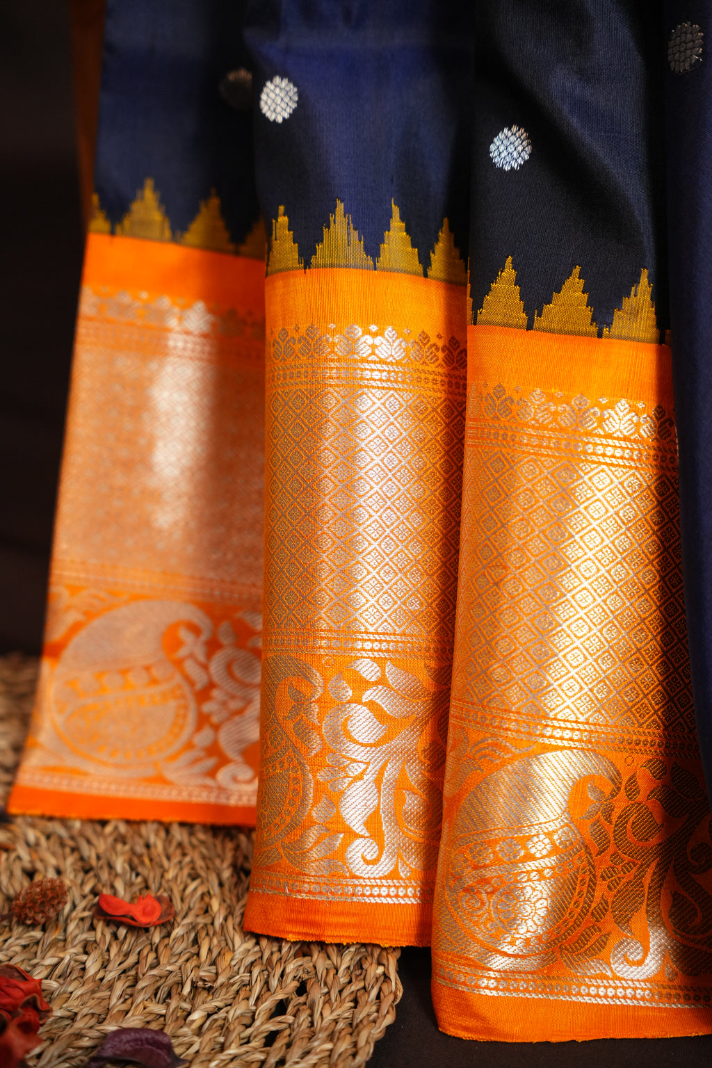Navy Blue Gadwal Silk Saree with Orange Zari Border