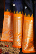 Navy Blue Gadwal Silk Saree with Orange Zari Border