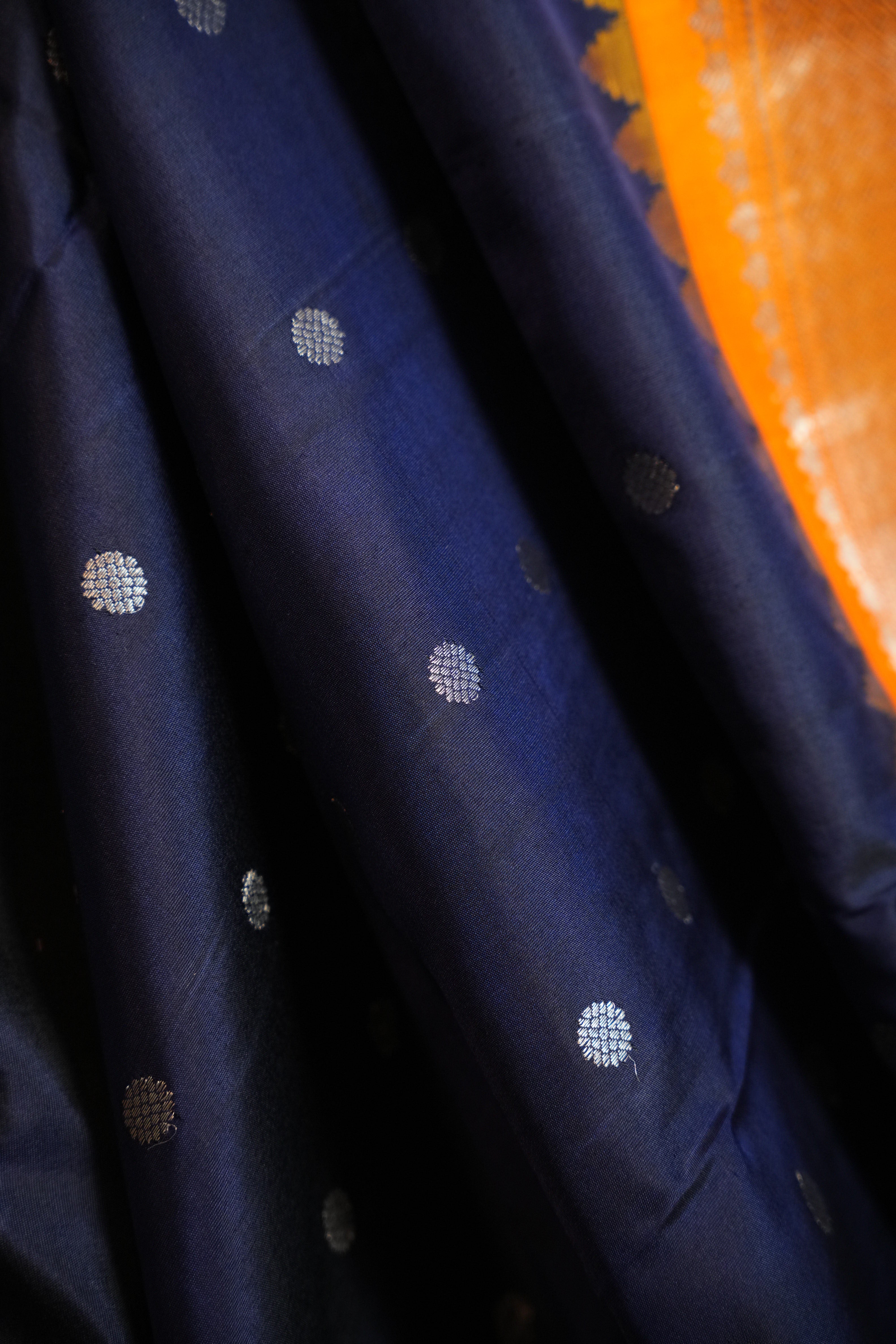Navy Blue Gadwal Silk Saree with Orange Zari Border