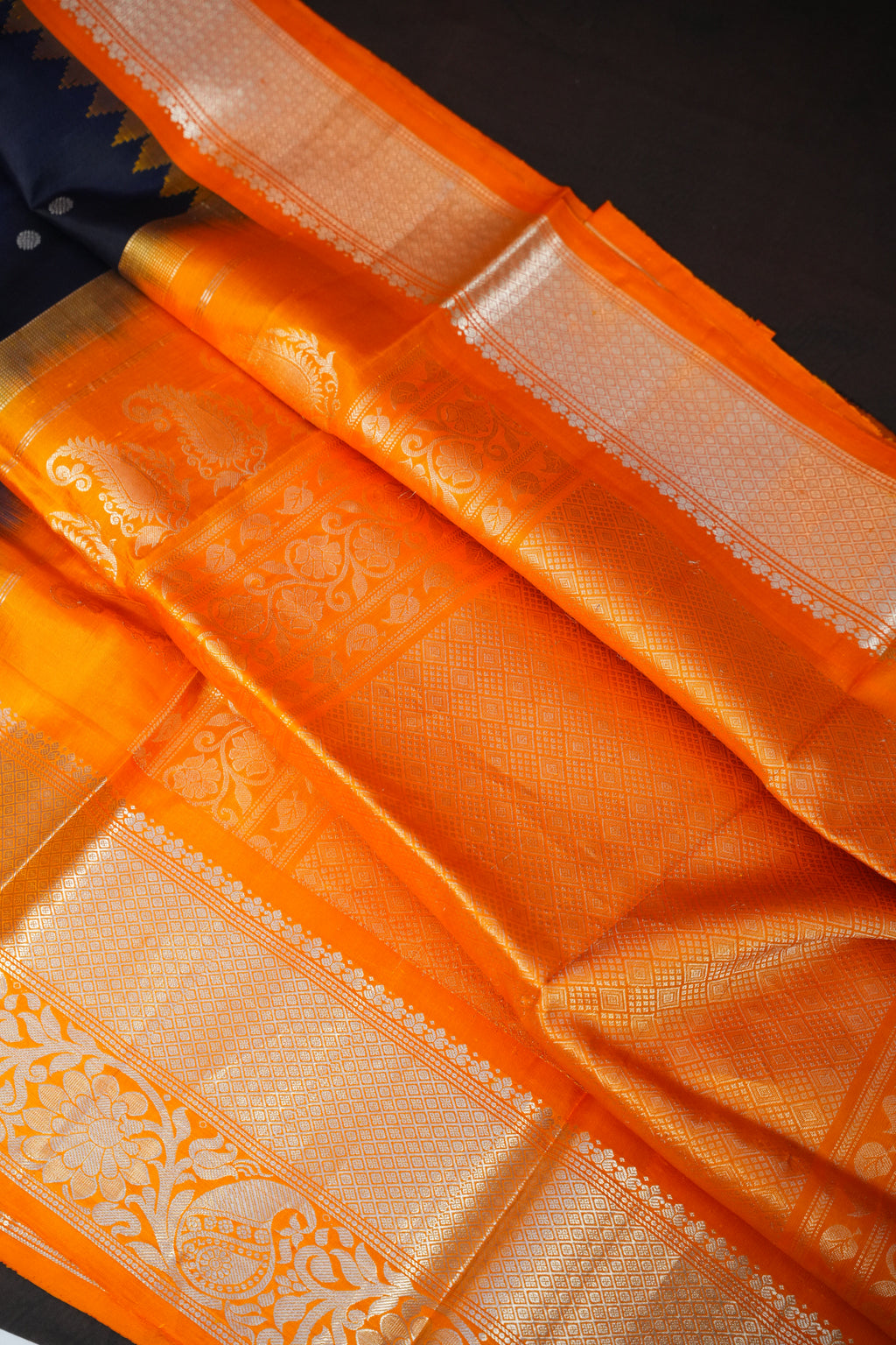 Navy Blue Gadwal Silk Saree with Orange Zari Border