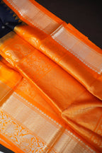 Navy Blue Gadwal Silk Saree with Orange Zari Border