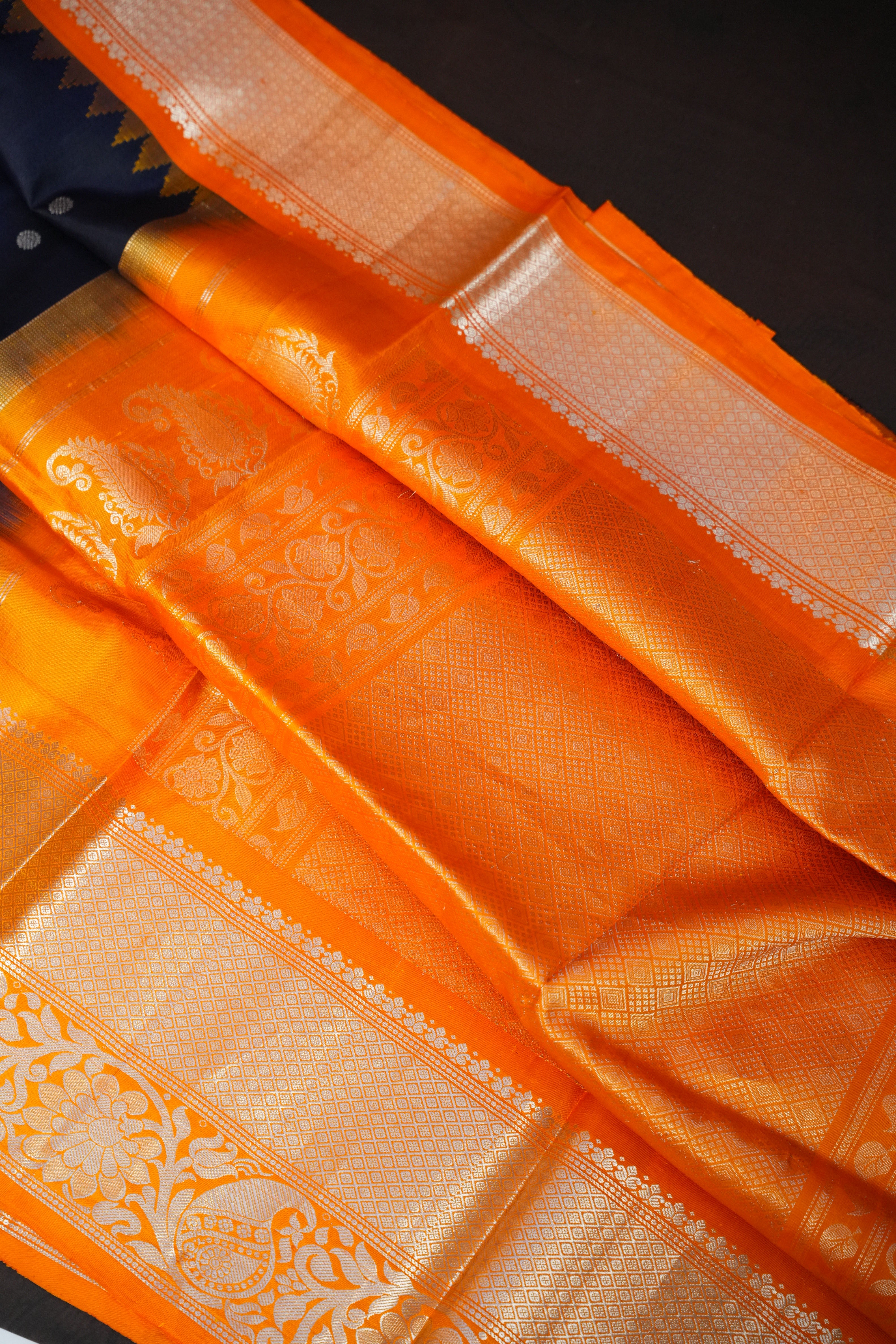 Navy Blue Gadwal Silk Saree with Orange Zari Border