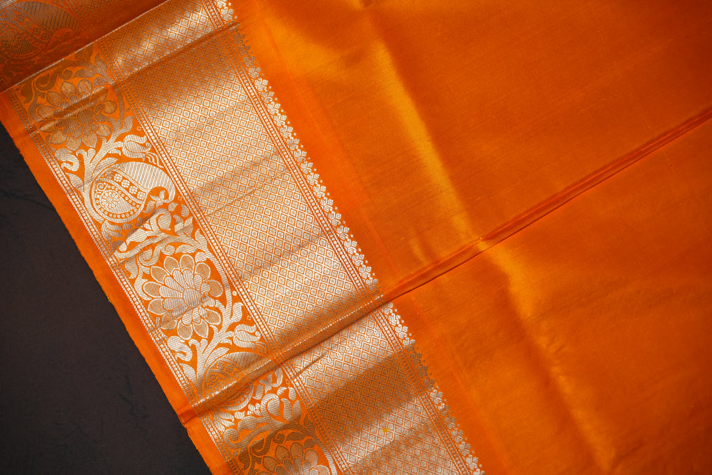 Navy Blue Gadwal Silk Saree with Orange Zari Border