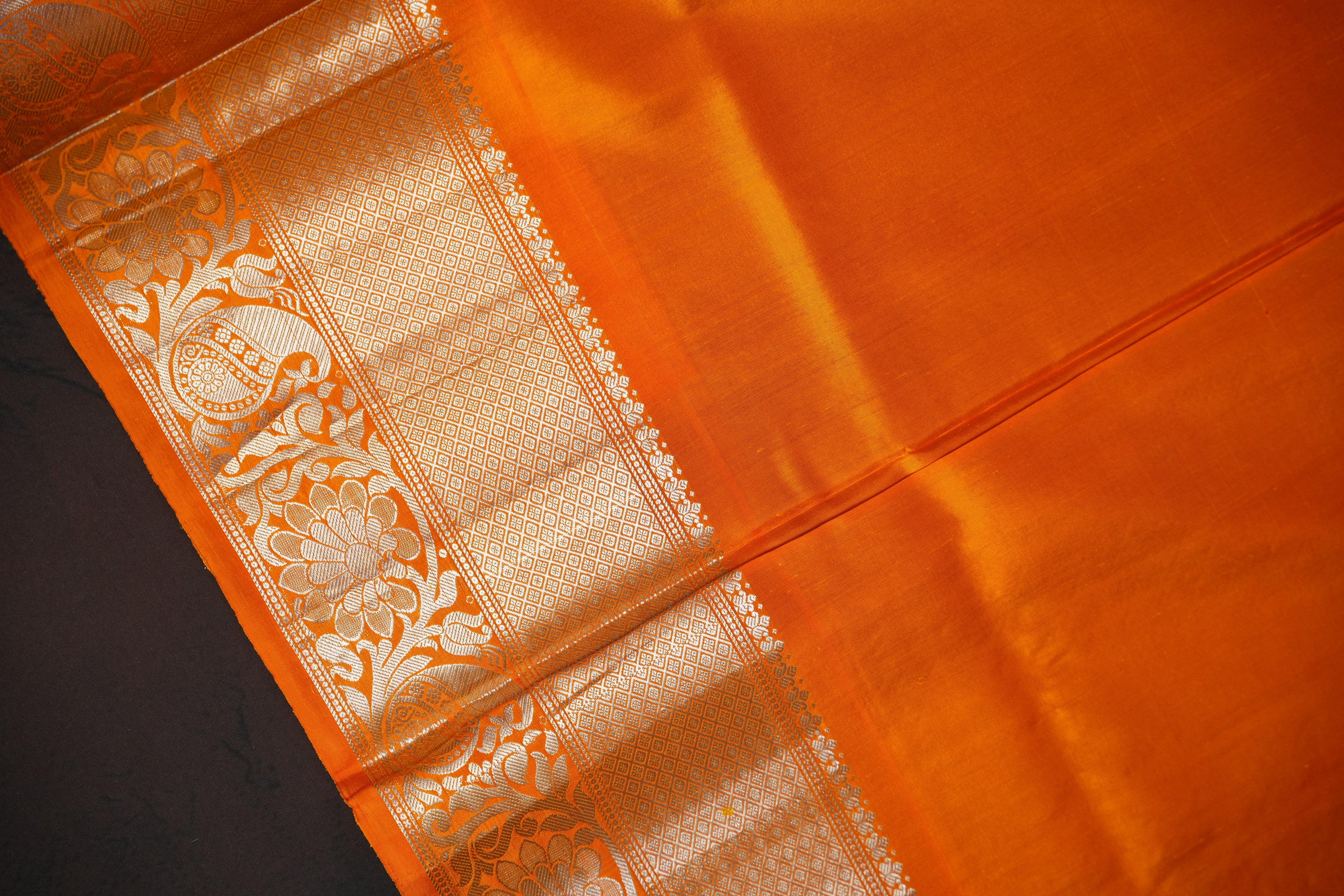 Navy Blue Gadwal Silk Saree with Orange Zari Border