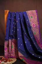Royal Navy Blue Gadwal Silk Saree with Pink Zari Border
