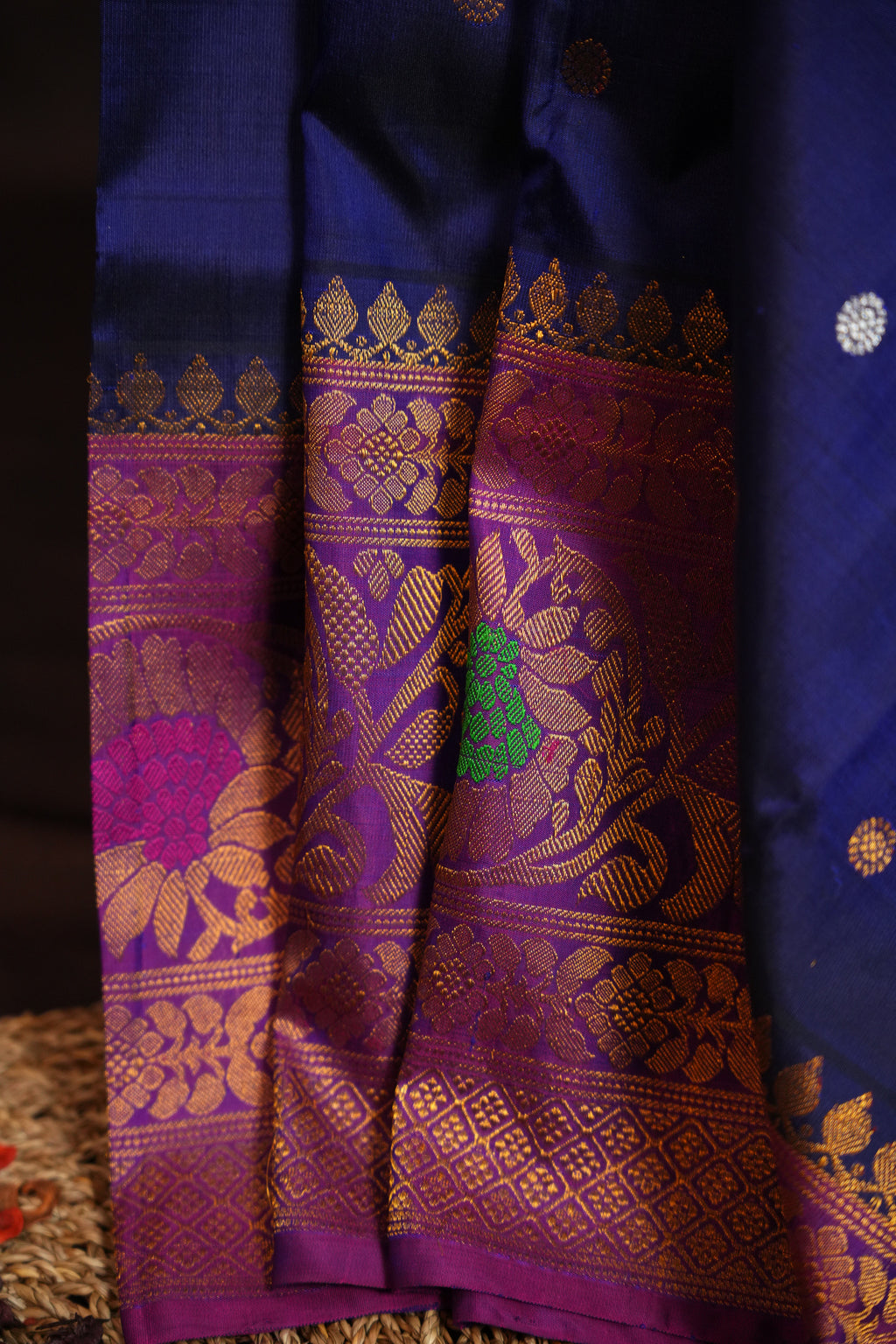 Royal Navy Blue Gadwal Silk Saree with Pink Zari Border