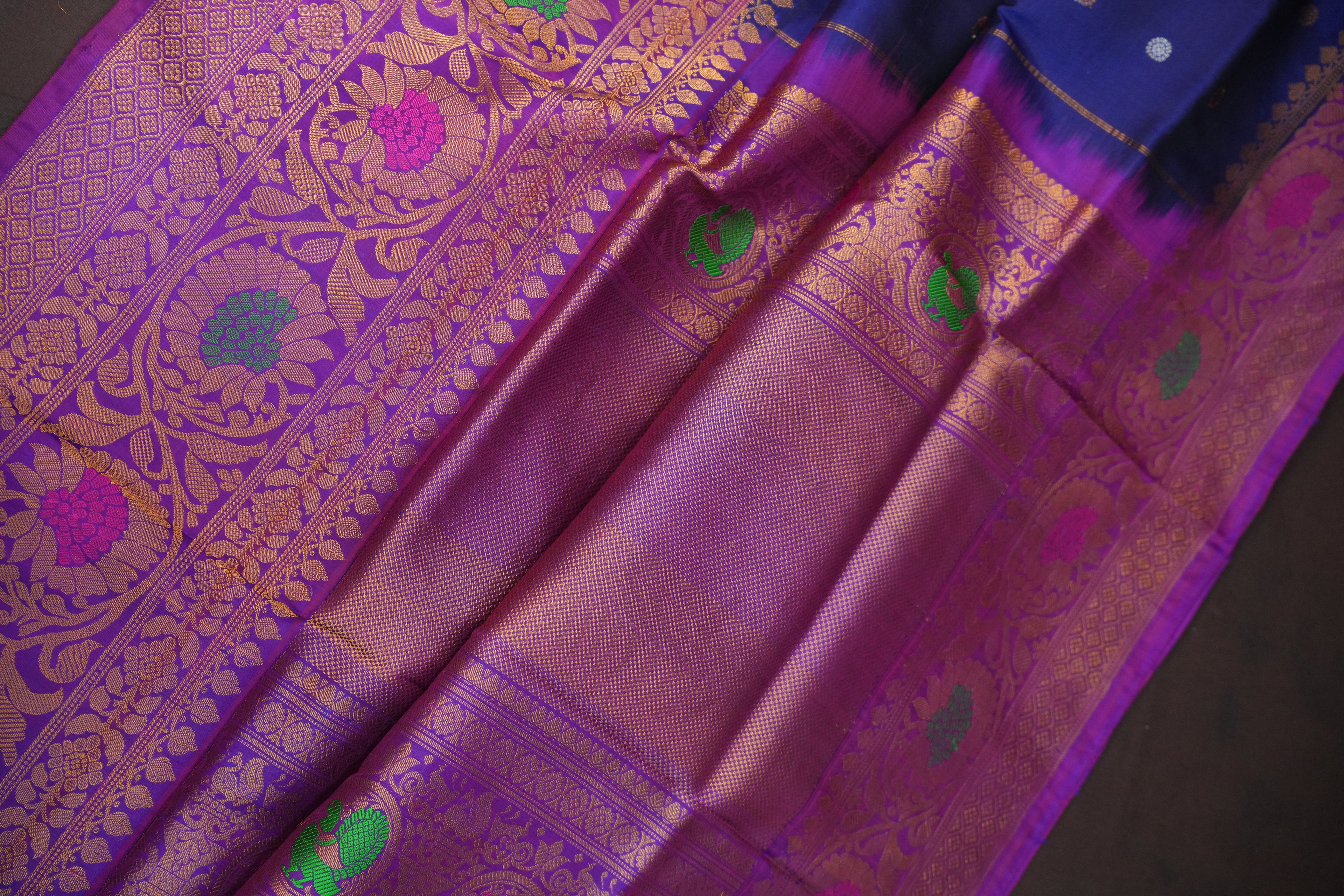 Royal Navy Blue Gadwal Silk Saree with Pink Zari Border