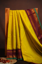 Yellow Checks Gadwal Silk Saree with Maroon Zari Border